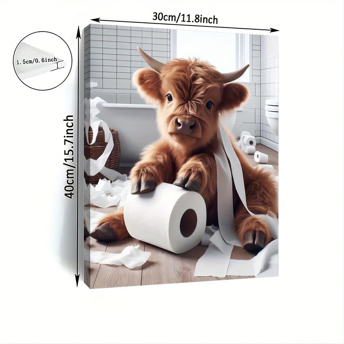 TEMU 2d Flat Framed Funny Highland Cow Canvas Wall Art, Highland Cow Playing With Toilet Paper In Bathroom Print, Cute Farm Animal Wall Decor, Ready To Hang Bathroom Home Decoration, Frame 16x24
