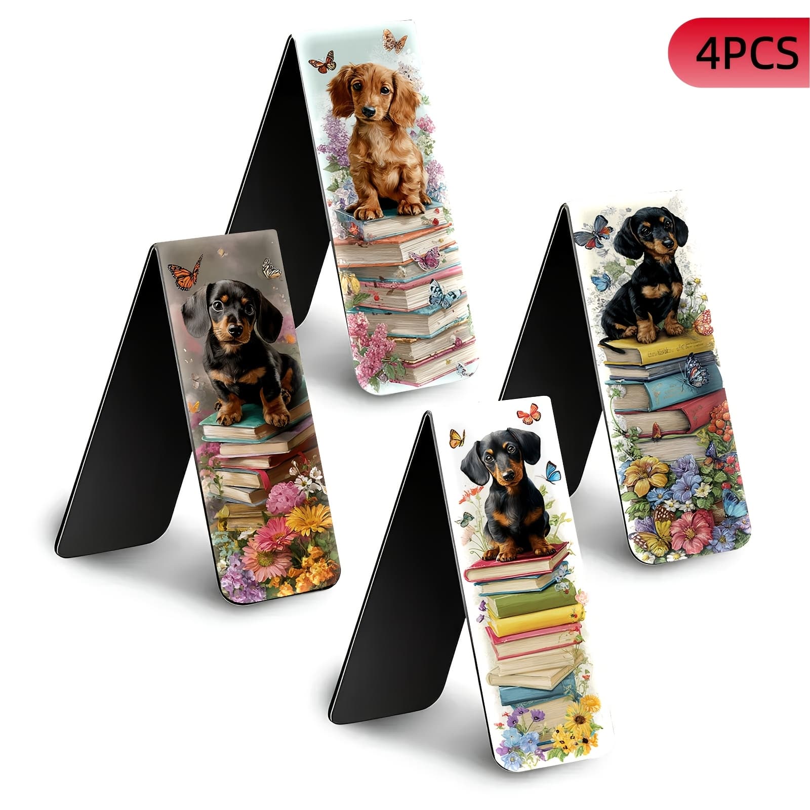TEMU Set Of 4 Magnetic Bookmarks | Foldable Page Clips | Adorable Dachshund-themed Magnetic Bookmarks From A Garden (4pcs) | High-definition Color Printing, And Durable | Suitable For Books, Planners