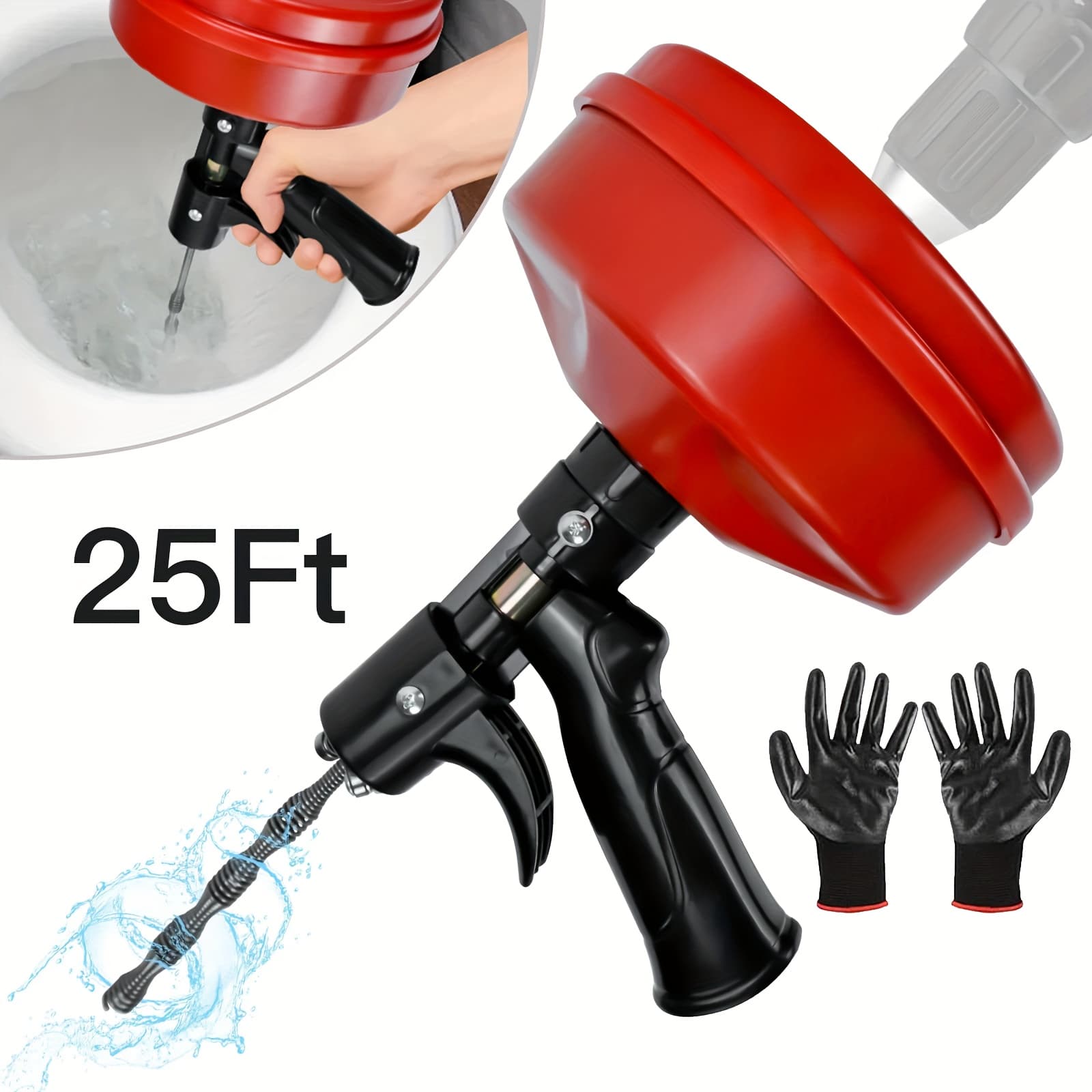 TEMU 25-foot Drain , Clog Clearing With Drill Attachment, Durable Flexible Plumbing Auger For Kitchen, Bathroom, And Shower Sinks, Includes Gloves