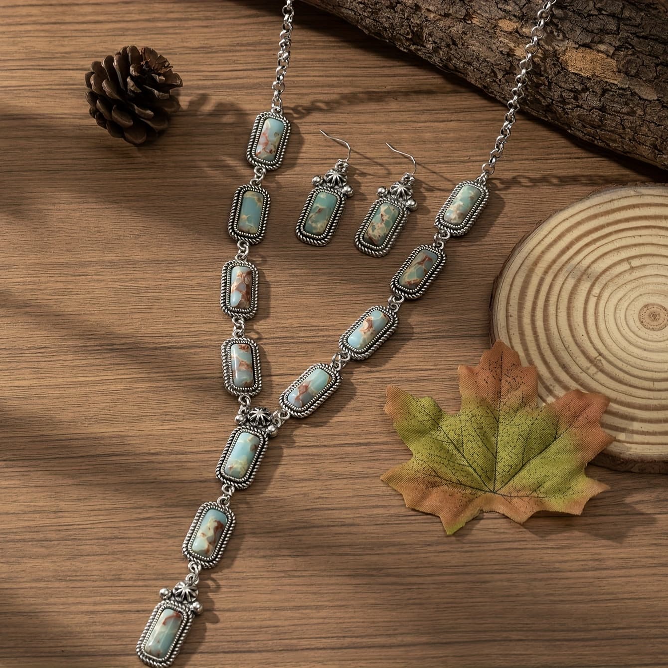 TEMU Bohemian Western Style Retro Fashion Minimalist Geometric Rectangle Artificial Jade Long Necklace And Earrings Set, Suitable For Outfit Matching, Holidays, Daily Wear