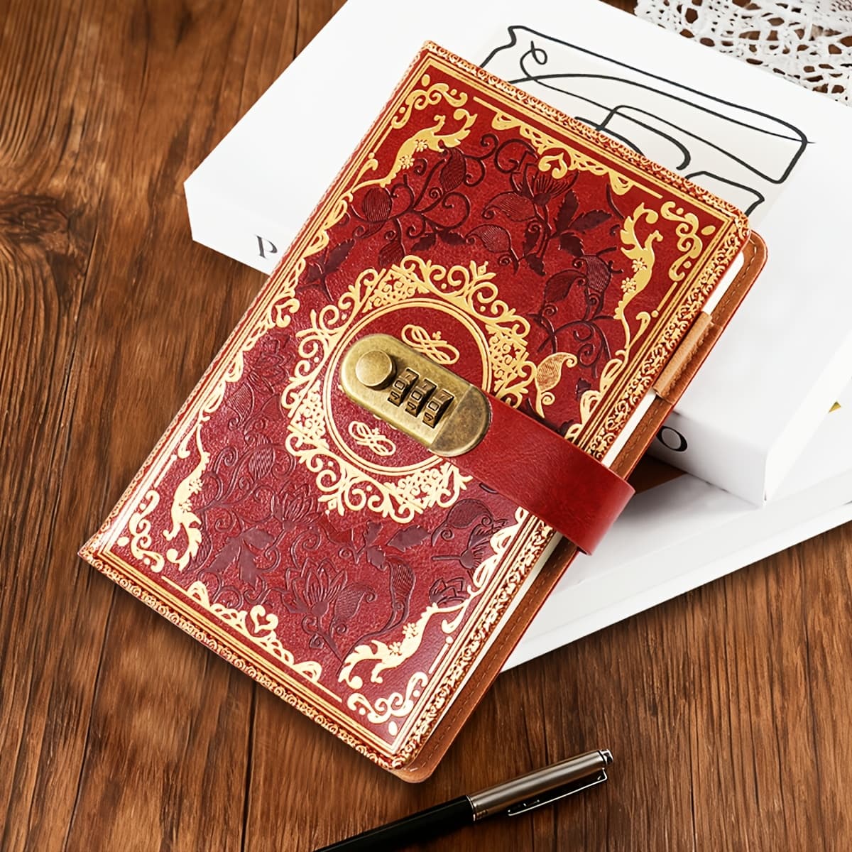 TEMU A5 Vintage-inspired Journal With Combination Lock - Thick Ornate Design Notebook For Business Or Personal Use- Ideal For Students And Professionals