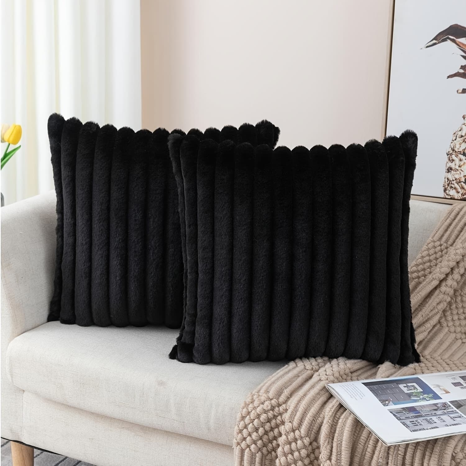 TEMU Plush Throw Pillow Covers 2pcs Set - Luxury Soft Fluffy Striped Decorative Pillow Covers For Sofa, Couch, Living Room