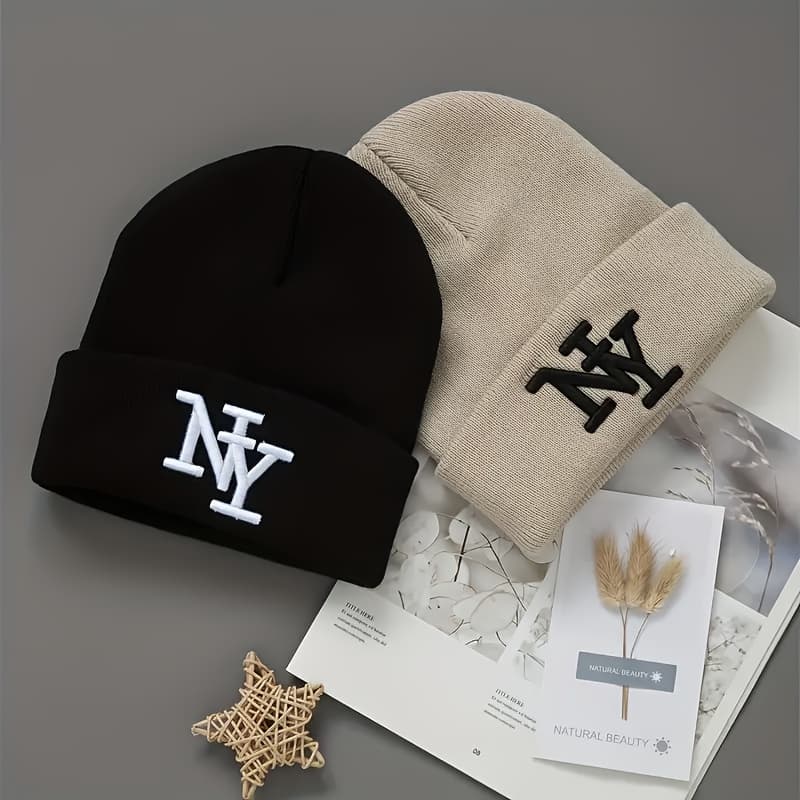 TEMU 2pcs Set Of Men's And Women's Knitted Hats, Warm Brimless Hats, Acrylic Embroidered Brimless Hats, Winter Hats, Neutral And Fashionable Knitted Flanged Hats