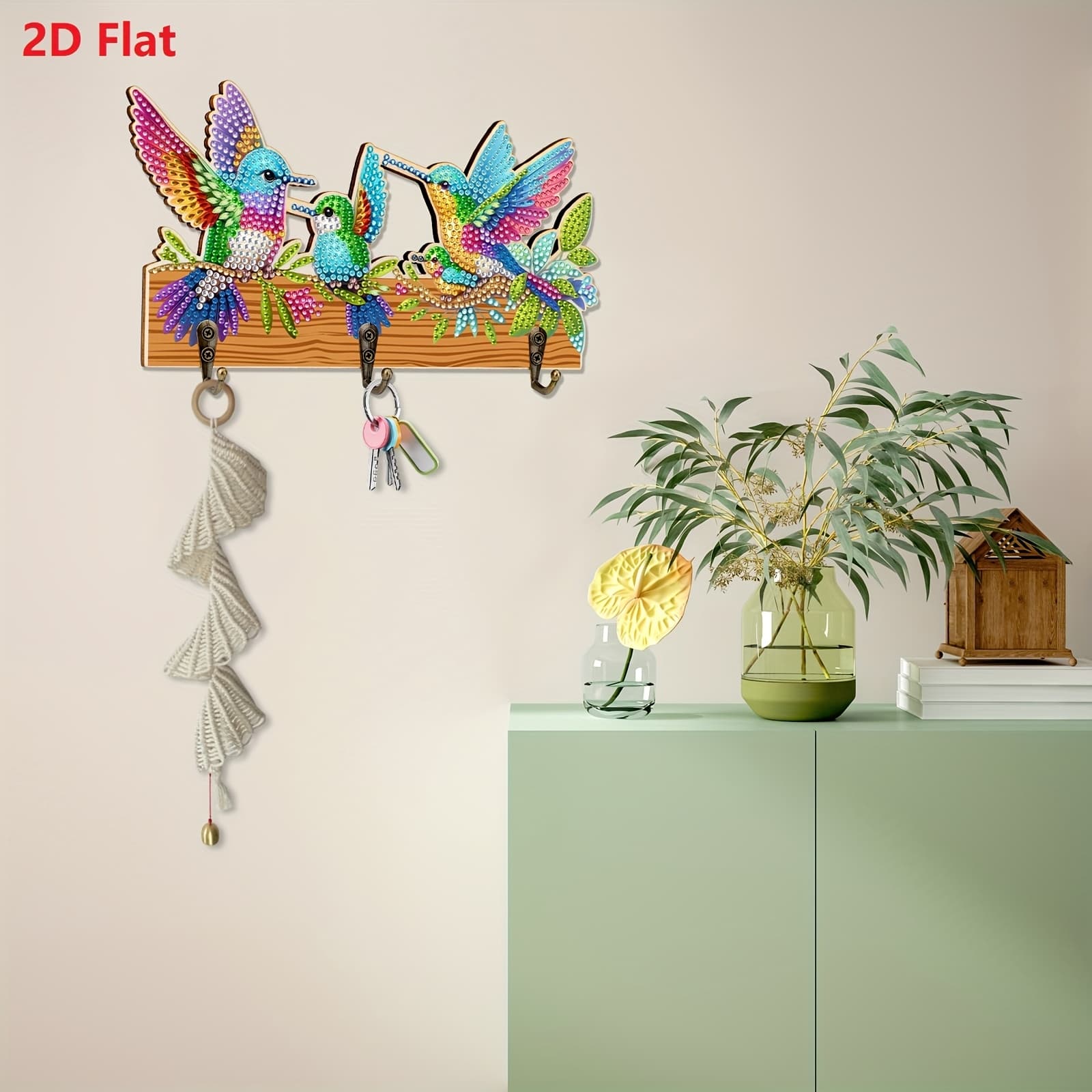 TEMU 2d Flat Diamond Painting Kits With 3 Hooks, Diy Hooks, To Drill Holes, Hummingbird Design For Home Wall Decor, Key Clothes Bag Hooks, Gift For Diy Lovers, 2d Flat