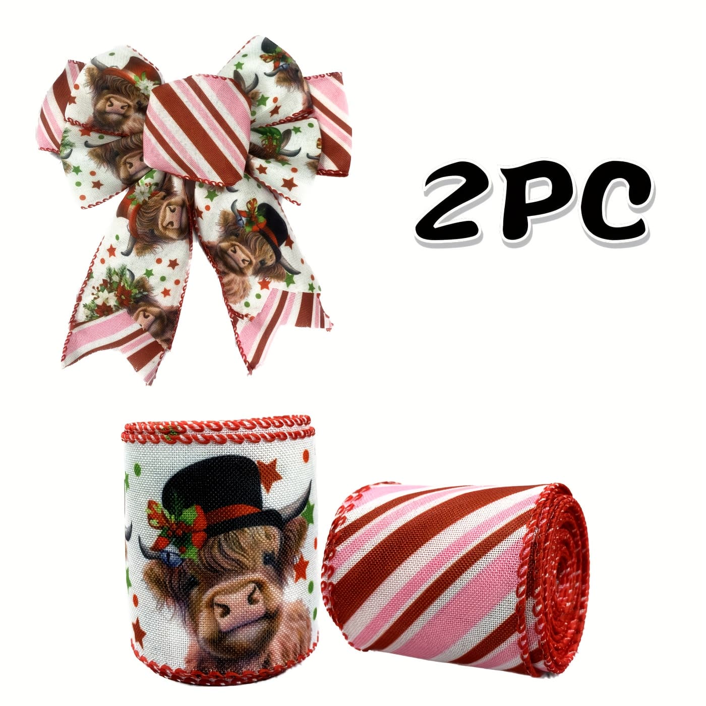 TEMU 2 Rolls, Christmas Cow Ribbon, 2.5 Inches, Animal Print Decoration Ribbon, Christmas Stripe Ribbon For Making Bow Gift Wrapping, Diy Wreath, Christmas Decorations