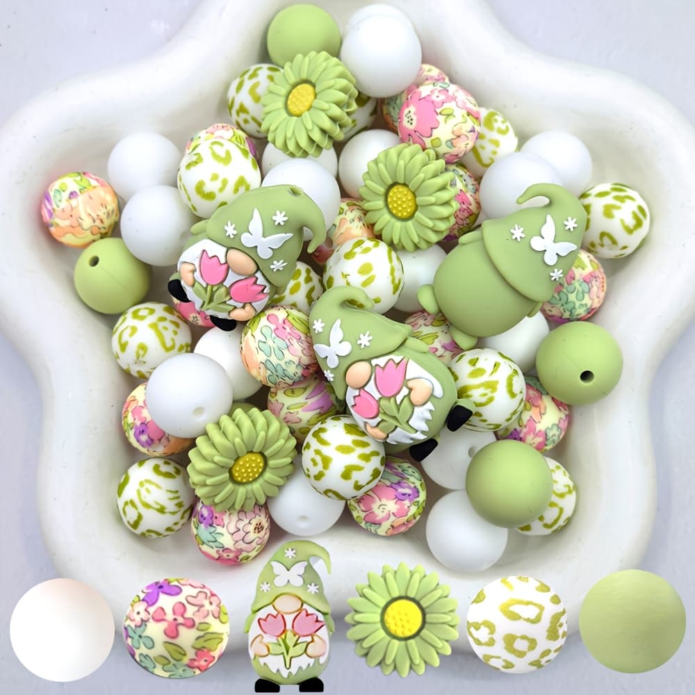 TEMU 28pcs Silicone Beads, Tulip Silicone Beads, Green Daisy Focus Silicone Beads - Spring Summer Theme, For Jewelry, Earrings, Necklace, Bag Chain, Bead Pen, Phone Chain, Bead Makeup Brush, Etc. Kit