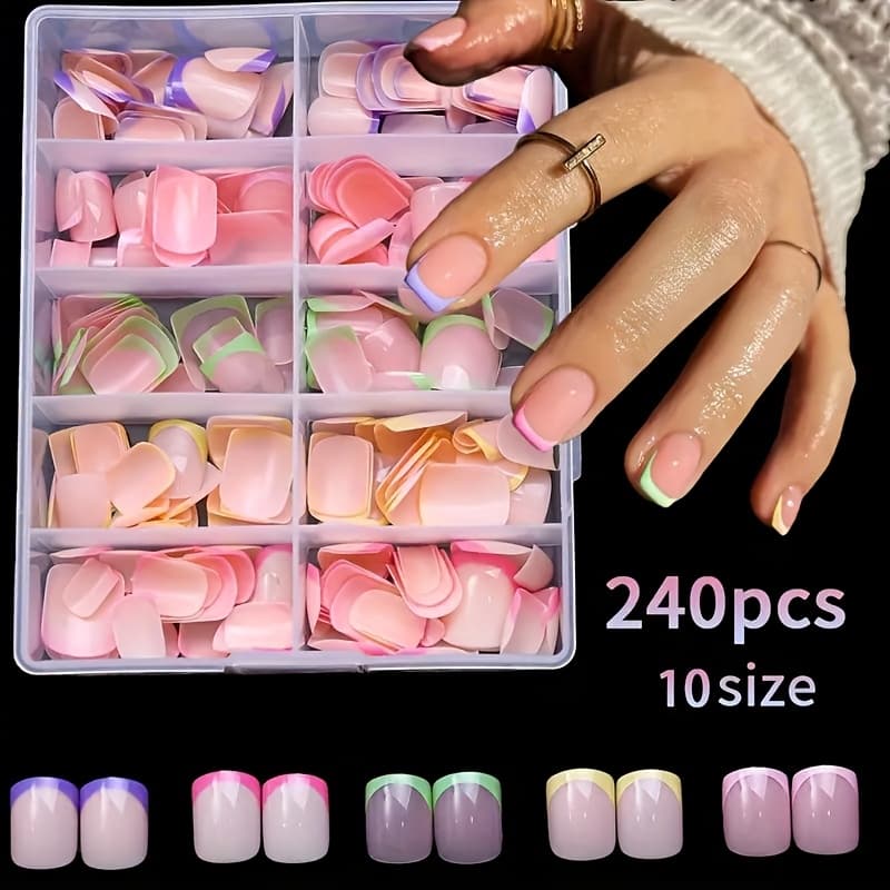 TEMU 240 French Short Square Press On Nails, 10sizes Mixed Color With Green Yellow Edge French Soft Gel False Nails Fake Nails
