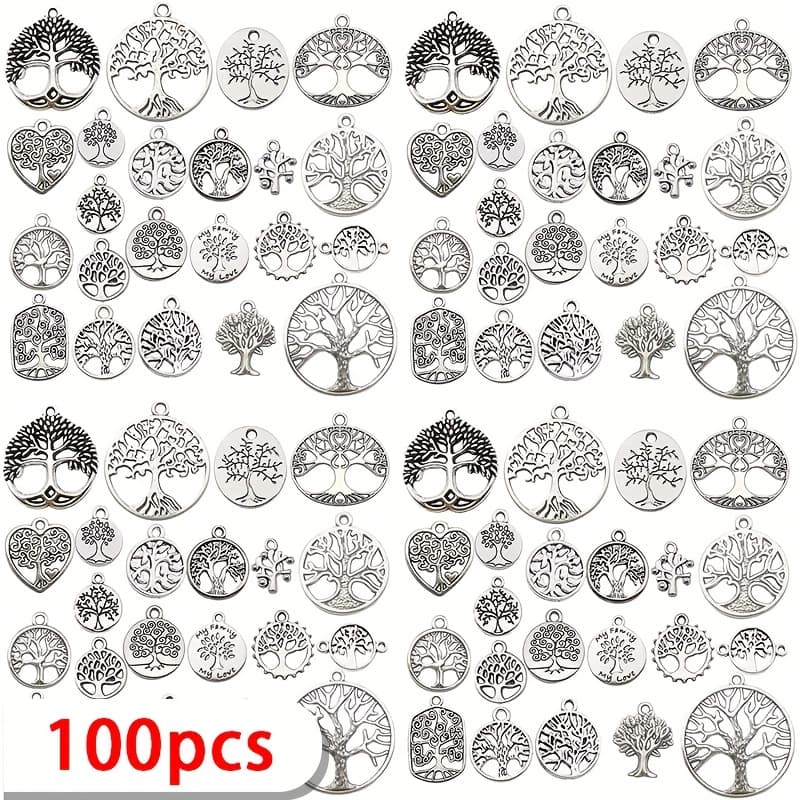 TEMU 50/100pcs Random Style Antique Silvery Tree Of Life Charms, Alloy Pendants For Making, Plant-themed Crafting Accessories For Necklace And Bracelet Crafting