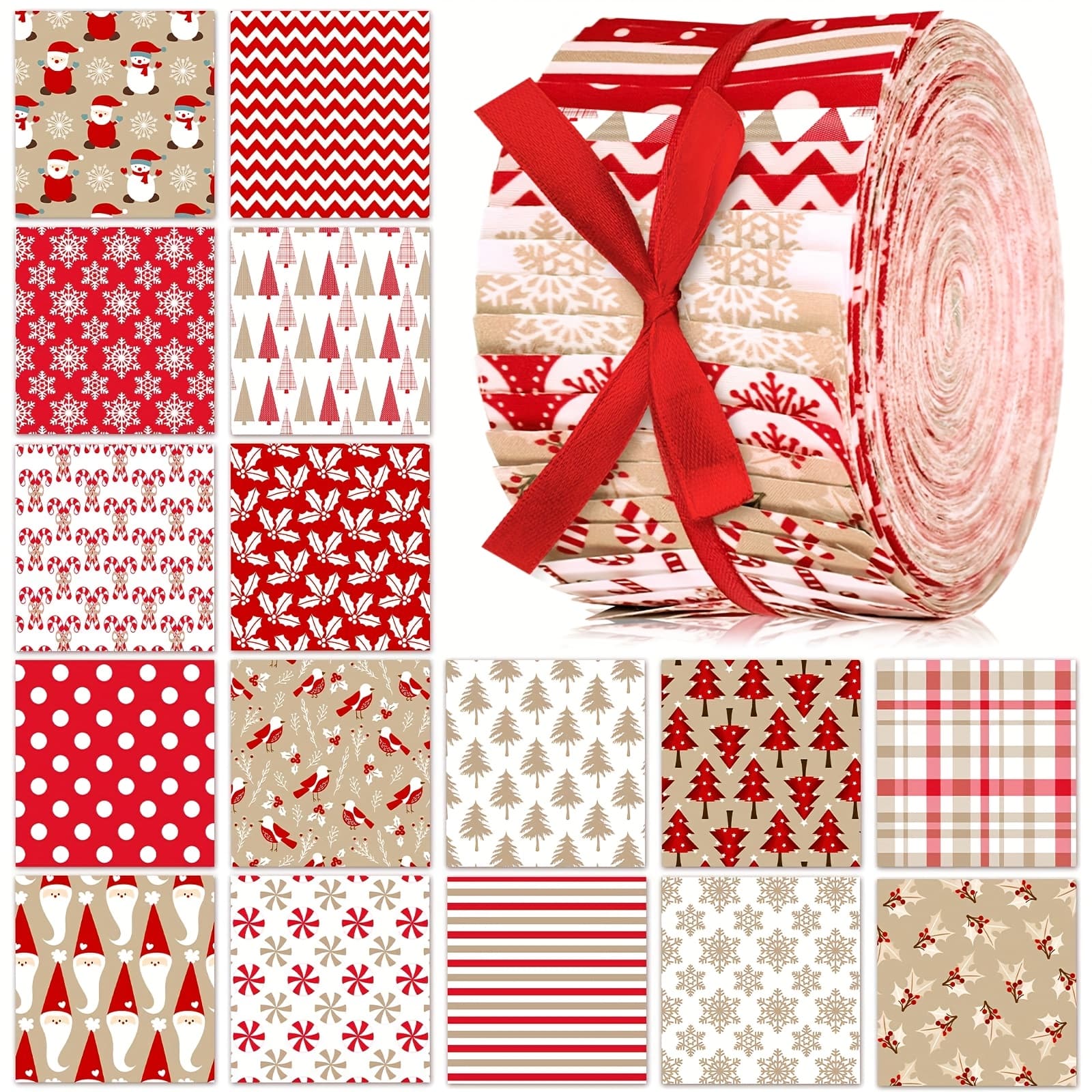 TEMU 40 Hot Chocolate Christmas Sewing Cloth Jelly Cloth Square Stitching Roll 2.56" Pre-cut Red And White Snowflake Cloth Strips, Suitable For Christmas Hand Sewing