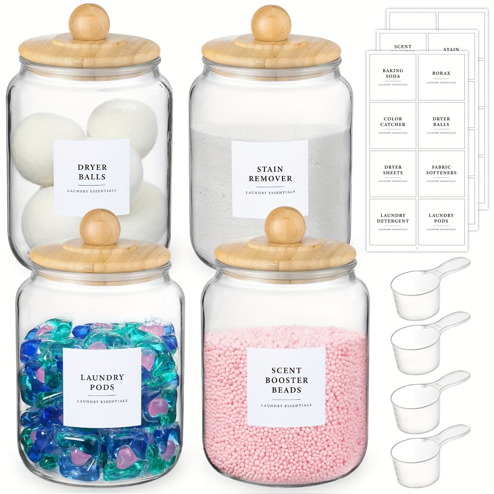 TEMU 4pcs Glass Jars With Lids And Labels, Glass Containers For Laundry Room Organization And Storage, Half Gallon Airtight Glass Jars Holder For Laundry Detergent, Pods, Scent Booster Beads