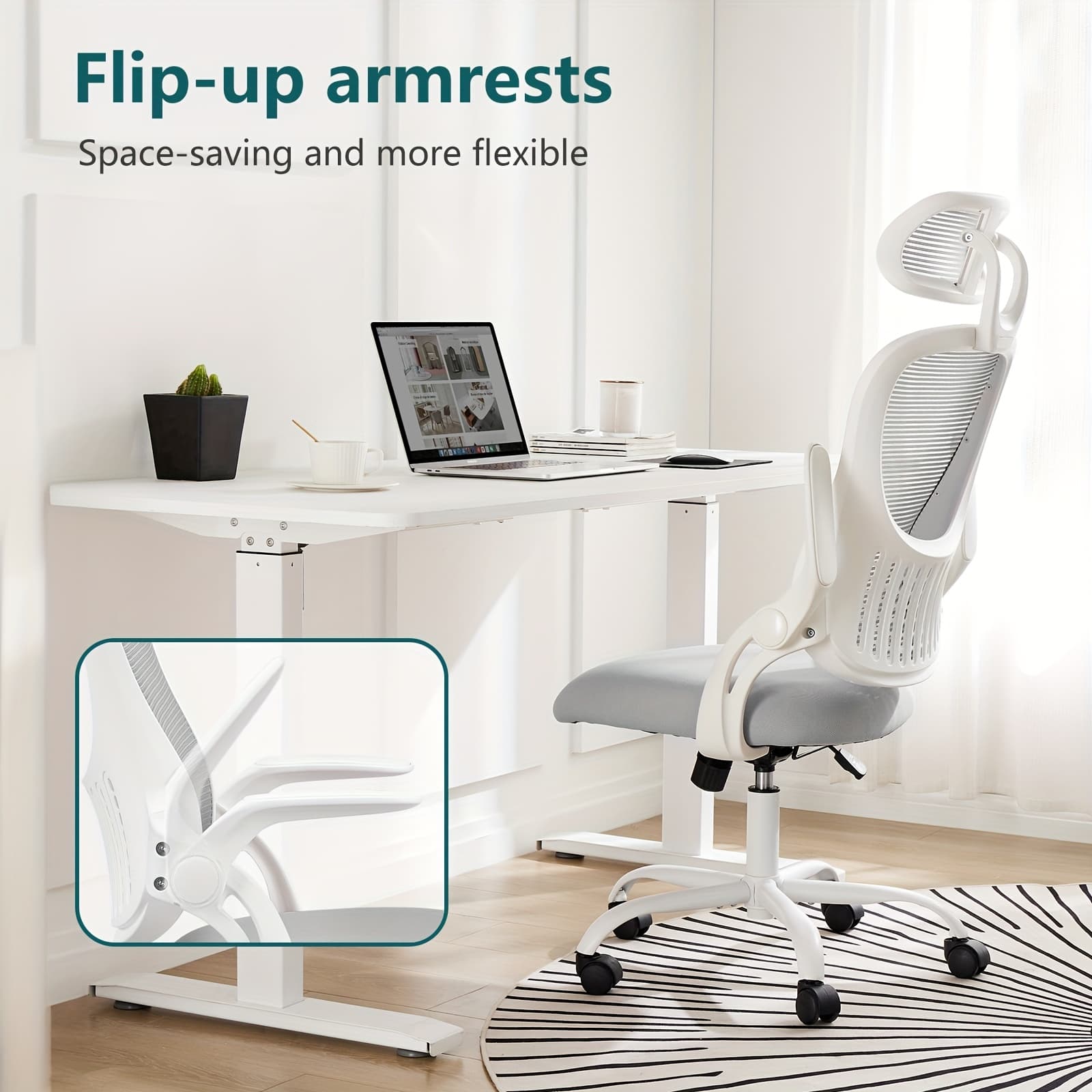 TEMU Home Office Desk Chair, Ergonomic High-back Mesh Rolling Work Computer Chairs With Wheels And Adjustable Headrests, Comfortable Lumbar Support, Comfy Flip-up For Bedroom, Study