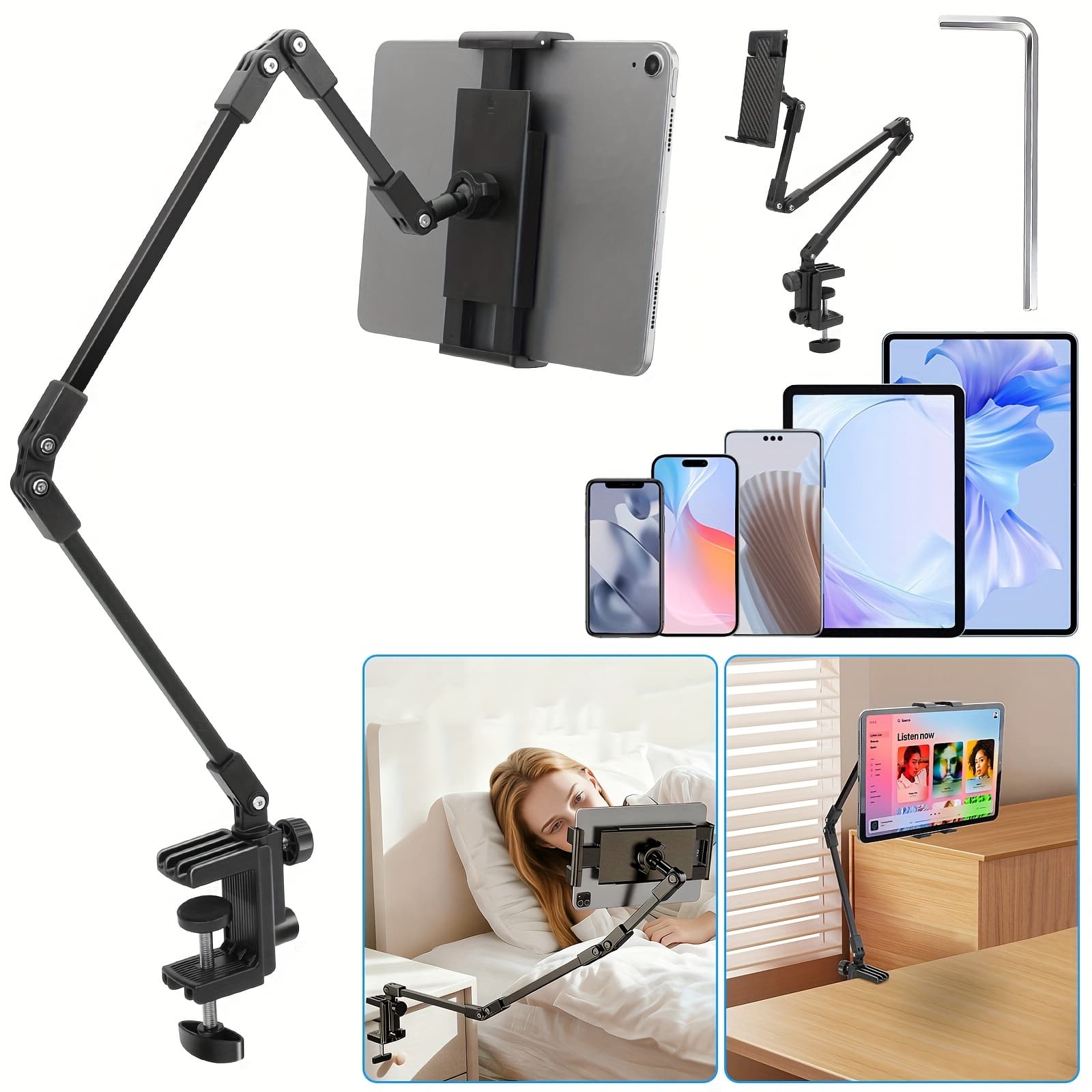 TEMU Tablet Stand For Desk With 360° Rotation & Height Adjustment, Heavy-duty Non-slip Base, Clamp/easel Bracket Compatible For Smartphones, Tablets, E-readers