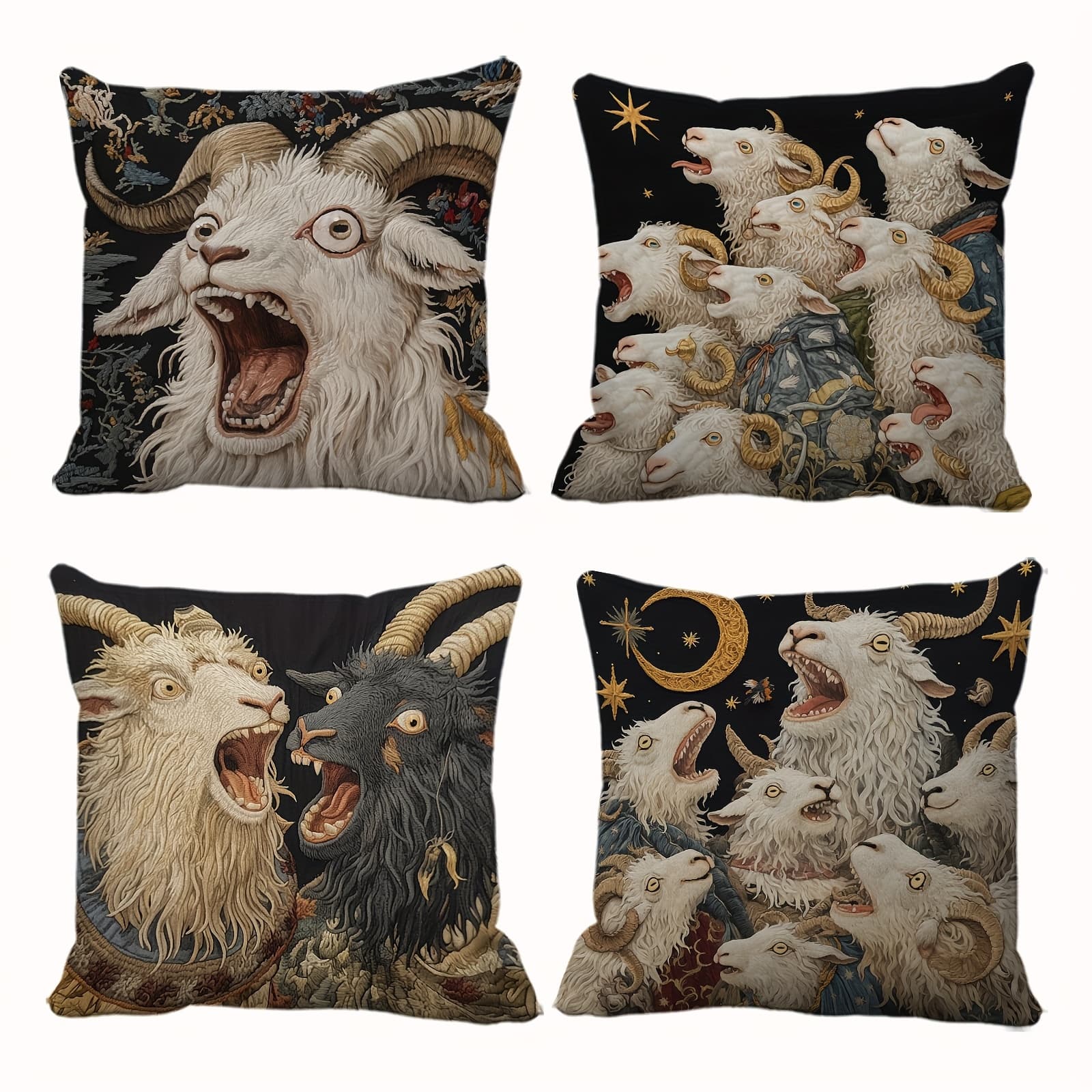 TEMU 2d Flat - A Set Of 4 Cushion Covers Featuring A Modern With A Black Background, Themed Around Goats, With Decorative Patterns Of Goats, Stars