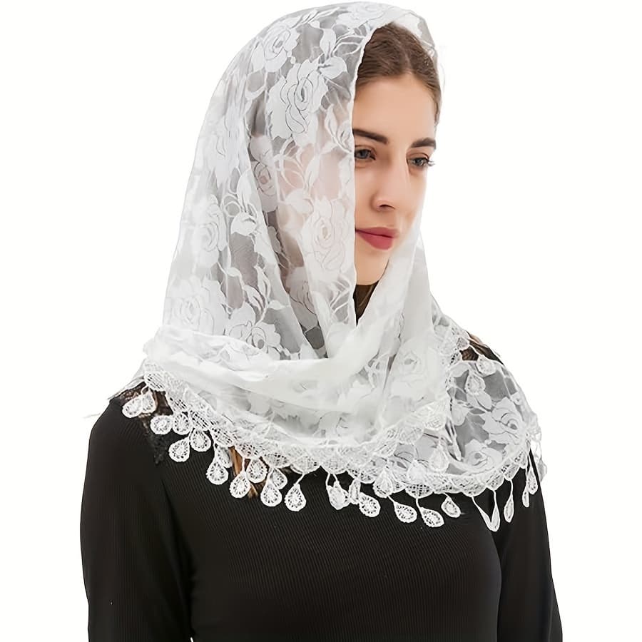 TEMU Mass Veil Mantilla Head Covering Chapel Veil Lace Shawl Latin Scarf Lace Shawl Mantilla Veil Lightweight Tassel Scarf Fashion Floral Shawls And Wraps For Women, Holy Week Shawl
