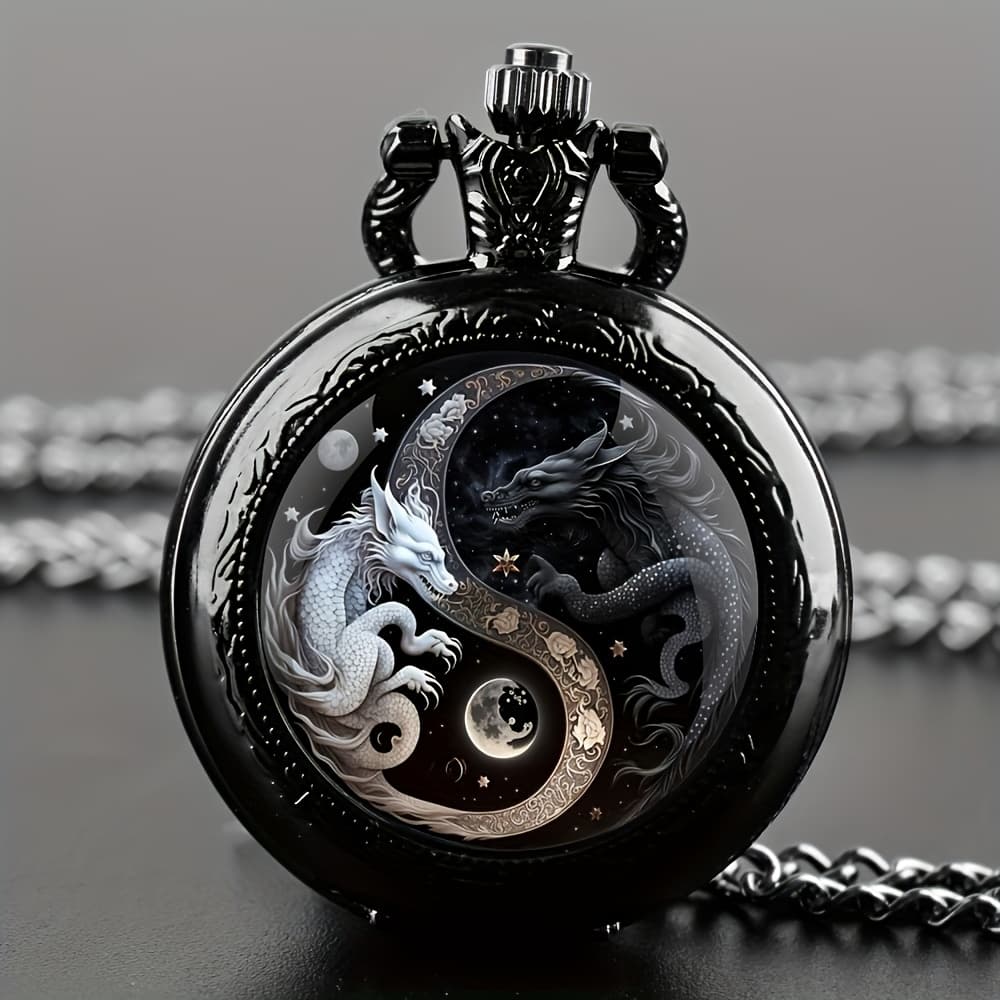 TEMU Vintage Yin Yang Dragon Quartz Pocket Watch - Feature, Alloy Case & Strap, Pointer Display, Non-waterproof, Ages 15+