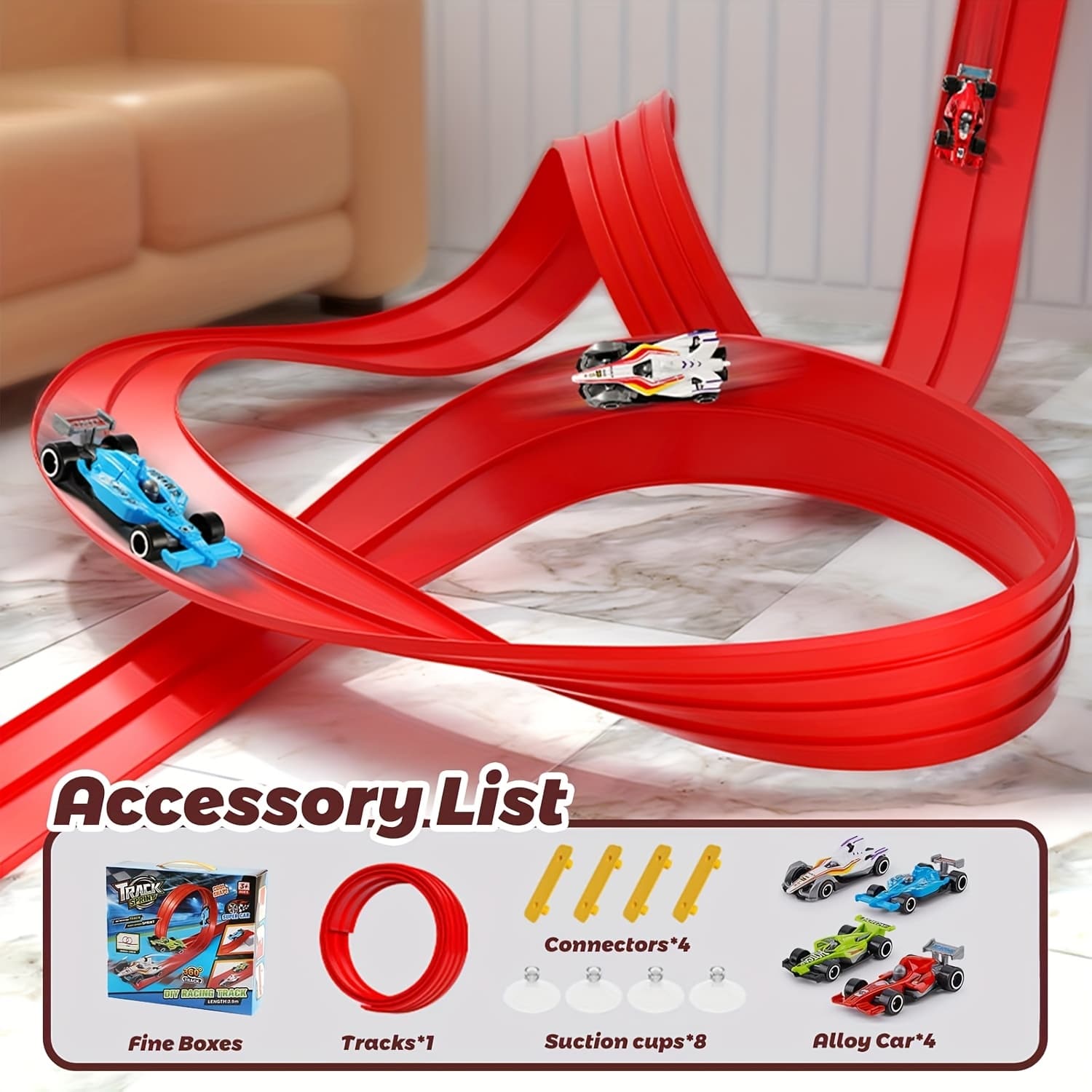 TEMU Flexible Toy Car Track Includes 4 Diecast Toy Cars For Kids , 15feet/4.5m Roll Up Race Track For Boys, Drop-resistant Metal Trolley, To Windows Doors For Jumps Tunnels Loops