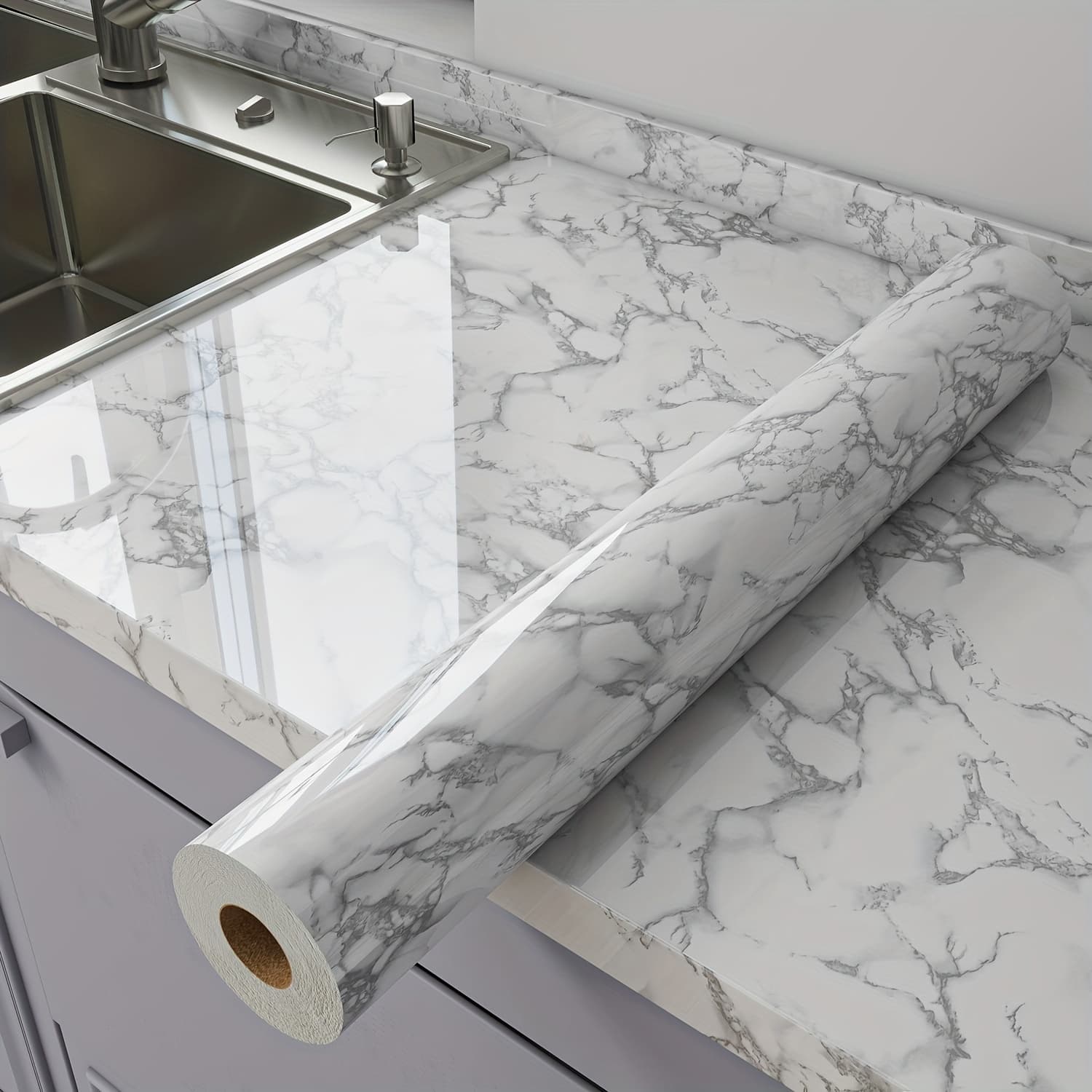 TEMU 1roll Peel And Stick Glossy Marble Pattern Wallpaper - Waterproof, Oil-resistant, Wall And Table Self-adhesive Stickers - And Home Decor For Kitchen Backsplash, Kitchen Countertop