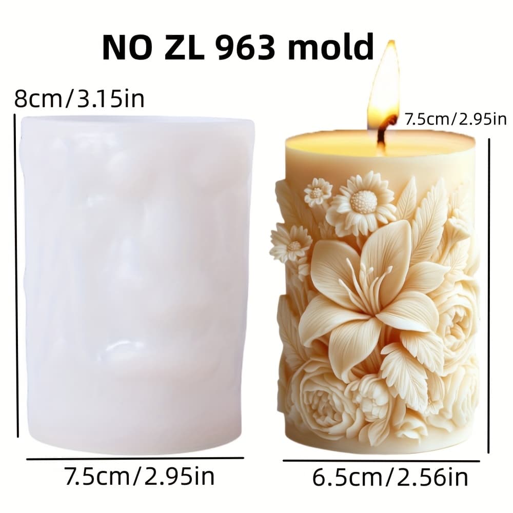 TEMU Lily Flower Bouquet Relief Cylindrical Candle Silicone Mold Sunflower Flower Bud Relief Cylindrical Resin Gypsum Silicone Mold Candle Making Mold