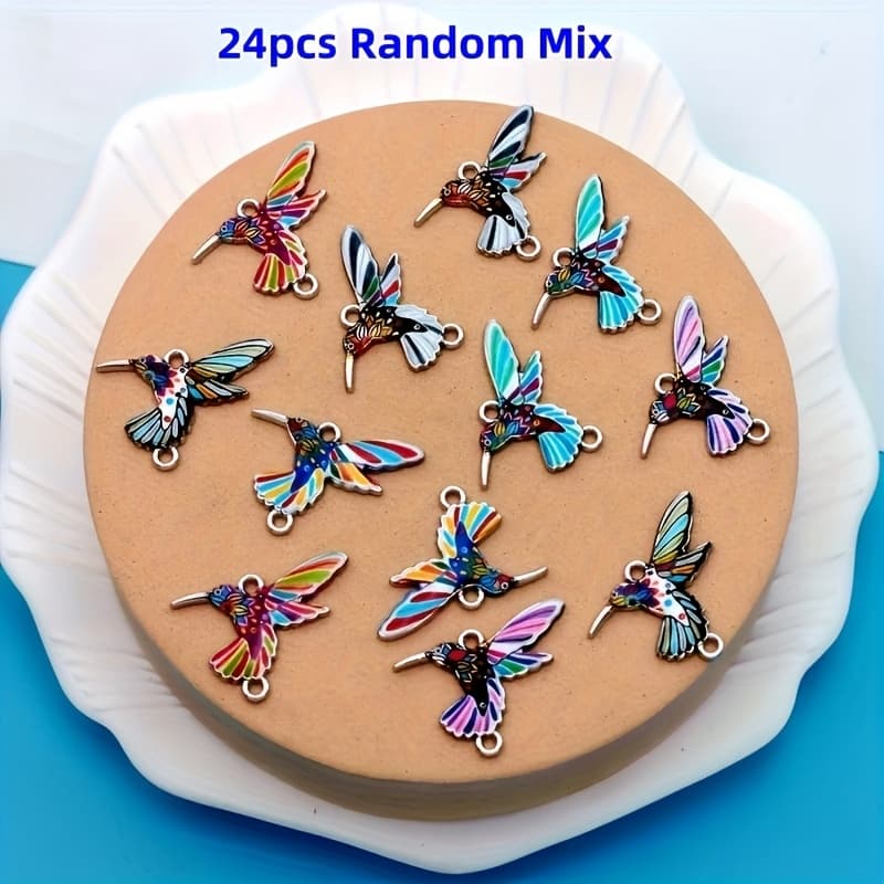 TEMU 24pcs Random Mix Vibrant Enamel Hummingbird Charms - Colorful Alloy Flower Bird Connectors For Jewelry, Bracelets, Earrings & Crafts, Mixed Sizes, Hummingbird Decorationcharm, Gift For , Charms