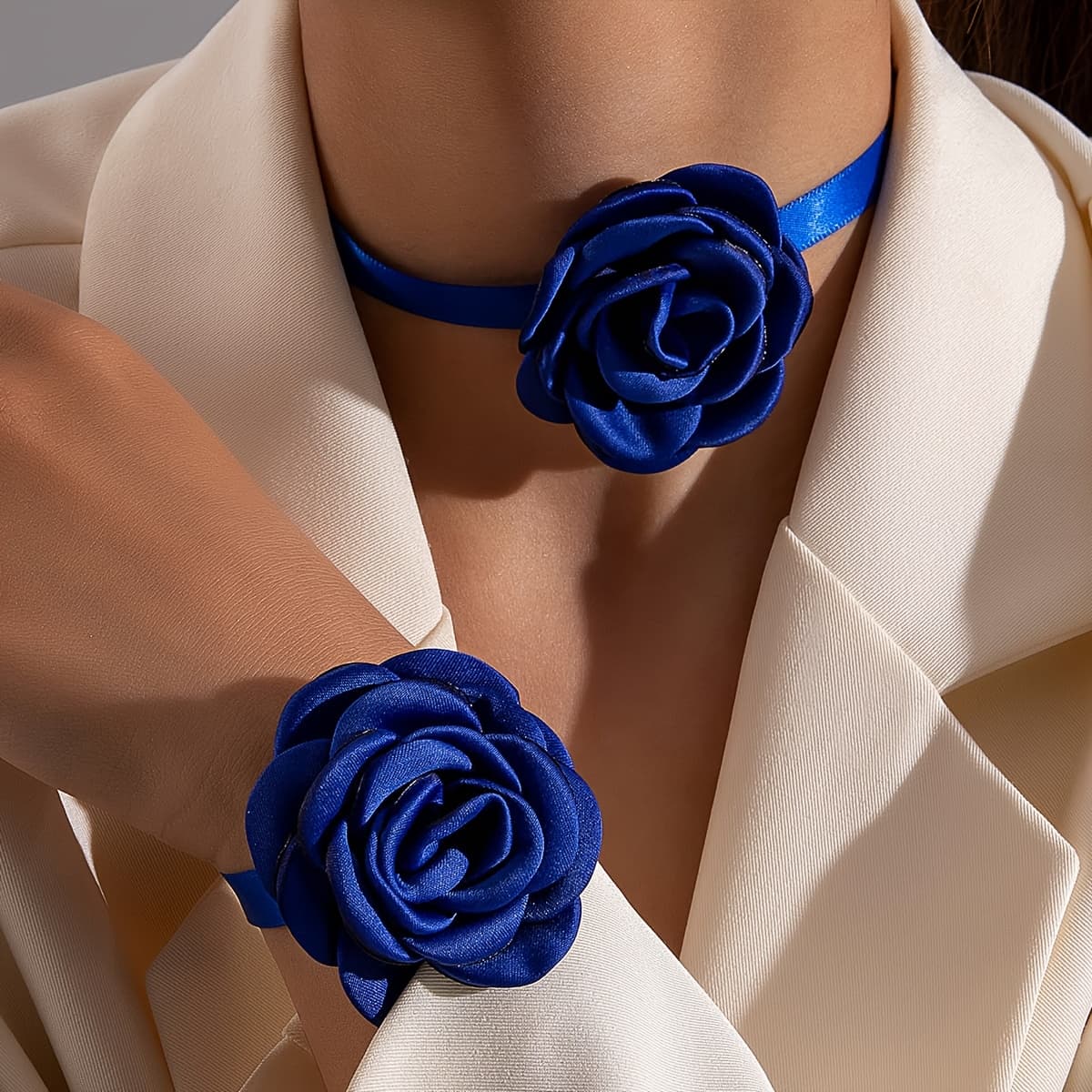 TEMU 2pcs/set Elegant Romantic Camellia Large Flower Choker Necklace Bracelet Set Suitable For Vacation Wedding Bridesmaid Gift