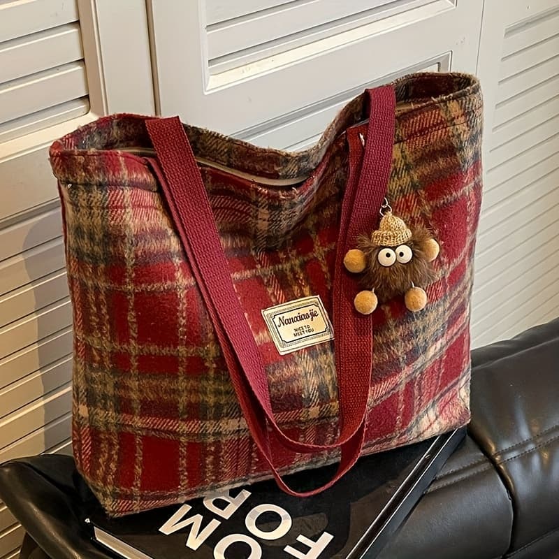 TEMU 1 Large Tote Bag With A Shoulder Strap, Made From Tweed Fabric, Machine Washable For Work And Daily Use - Comes In Red And Black, In A Stylish Blue