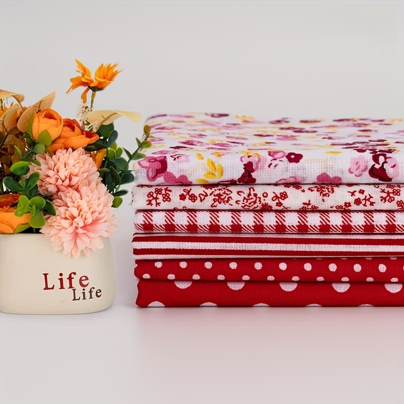 TEMU 6pcs 19.99''x19.99''(50cm*50cm) Square Shape, Flower, Striped, Polka Dot Cotton Fabric For Sewing, Polka Dot Bundle Diy Quilt Cloth, Craft And Hobby Fabric(red)