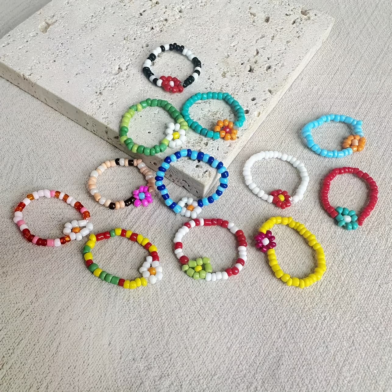 TEMU 12pcs Rice Bead Flower Ring Set Colorful Elastic Bohemian
