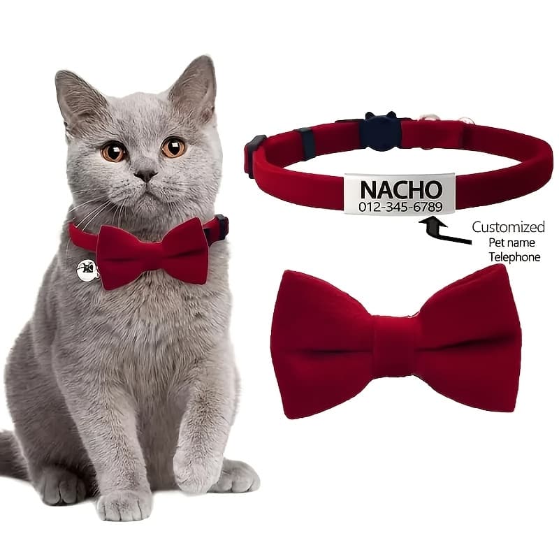 TEMU 1pc Plush Bow Custom Cat Collar, Adjustable Bow Plush Material, Pet Custom Collar Suitable For Puppies And Kittens, Without Battery