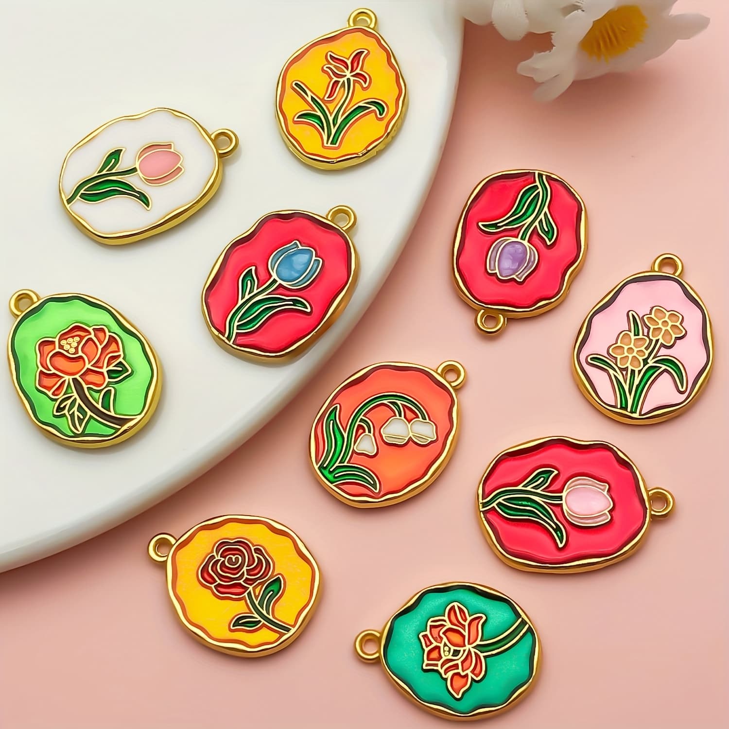 TEMU 10pcs Enamel Oval With Rose Charms Flower Pendant For Jewelry Making Diy Craft