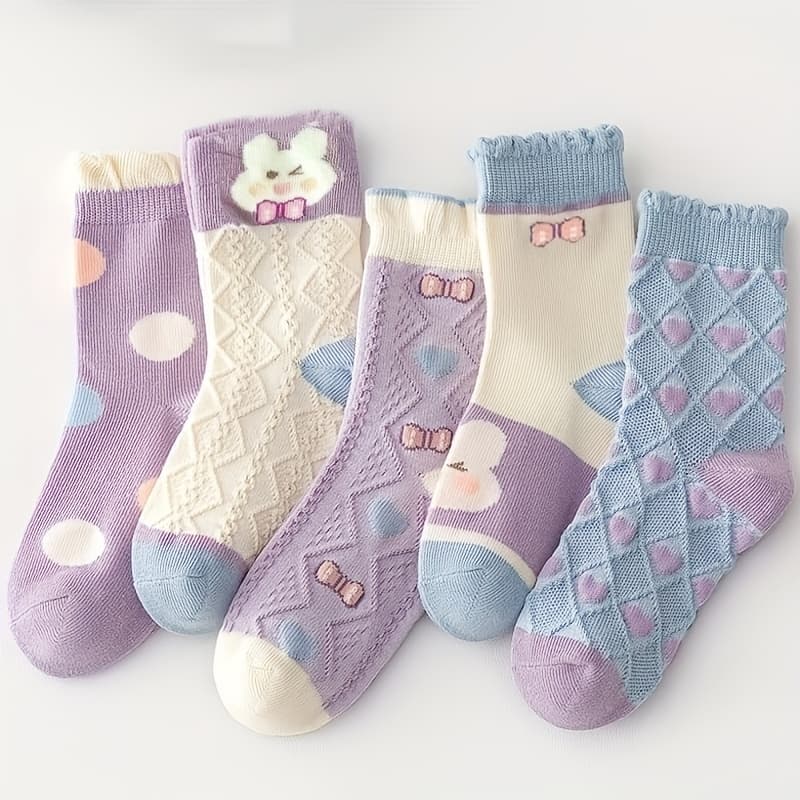 TEMU / 3 Pairs Random Girls Bunny Socks | Cute Cartoon Crew Socks With Bow And Lace | Soft Stretchy Fabric | All Season Wear | Fall Winter Warm Kids Socks