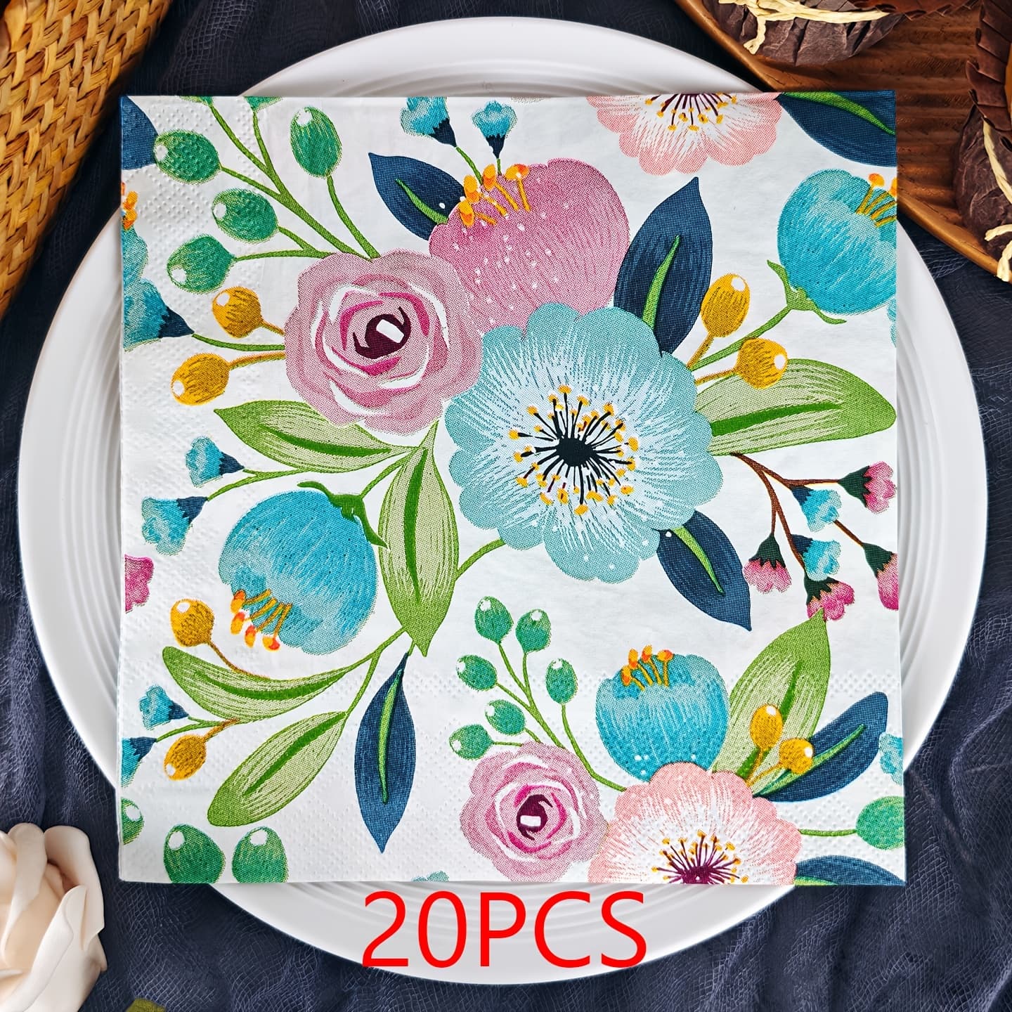TEMU 20 Sheets 2-ply Floral Pattern Printed Napkins Party Napkins Colored Paper Napkins Paper Placemats Suitable For Party Scenes Napkin Tile Size 33 Cm/13 Inch