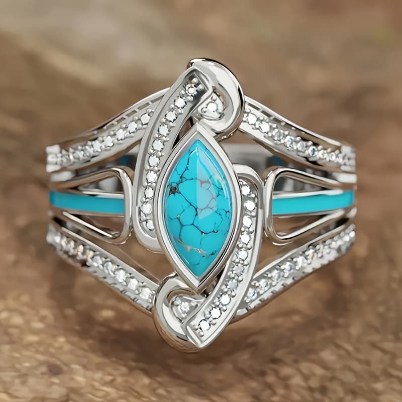 TEMU 1 Unique Bohemian Luxury Women's Fashionable Synthetic Shaped Turquoise Synthetic Zirconia Ring, Vintage Proposal Engagement Anniversary Valentine's Day Christmas Gift