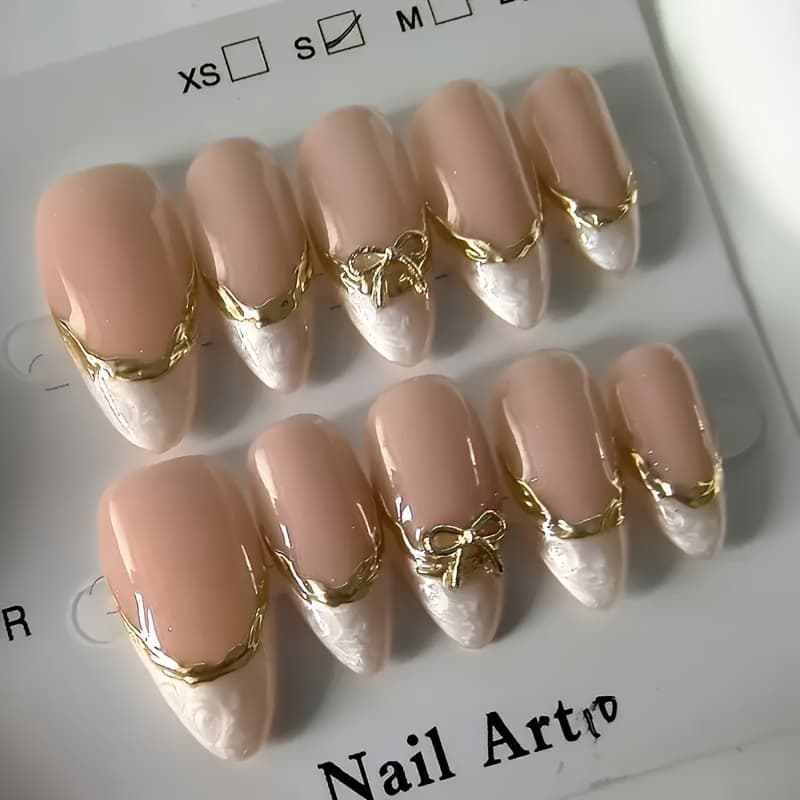 TEMU Pack Of 10 Handmade High Quality Medium Almond With & 3d , Reusable Glossy Fake Nails, Suitable For Daily Wear And Work, Nail Accessories, Elegant Nail Art, Gorgeous Decoration