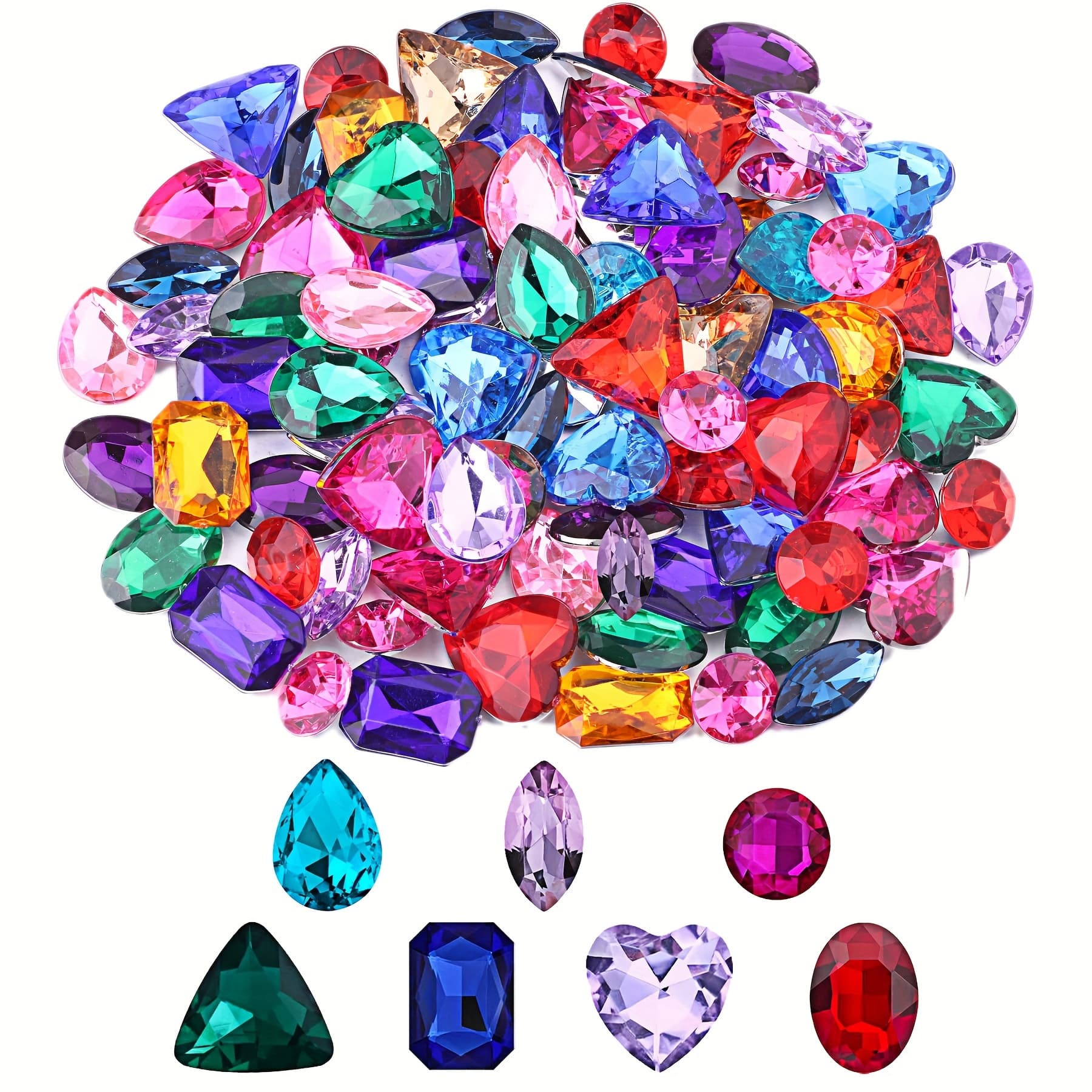 TEMU 50 Mixed Random Style Acrylic Point-back Rhinestones In Round, Octagonal, Heart, Teardrop, And Oval Shapes, Assorted Colors For Clothing, Bags, And Packaging Decoration Accessories