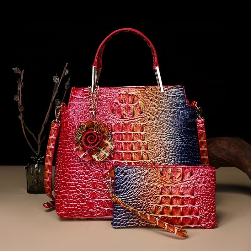 TEMU Set Of 2 Handbags With Crocodile Pattern - Stylish Retro Design, Versatile Top Handle Crossbody, Professional Clutch & - , Safe, Perfect For , Floral Charms, Holiday, Presents