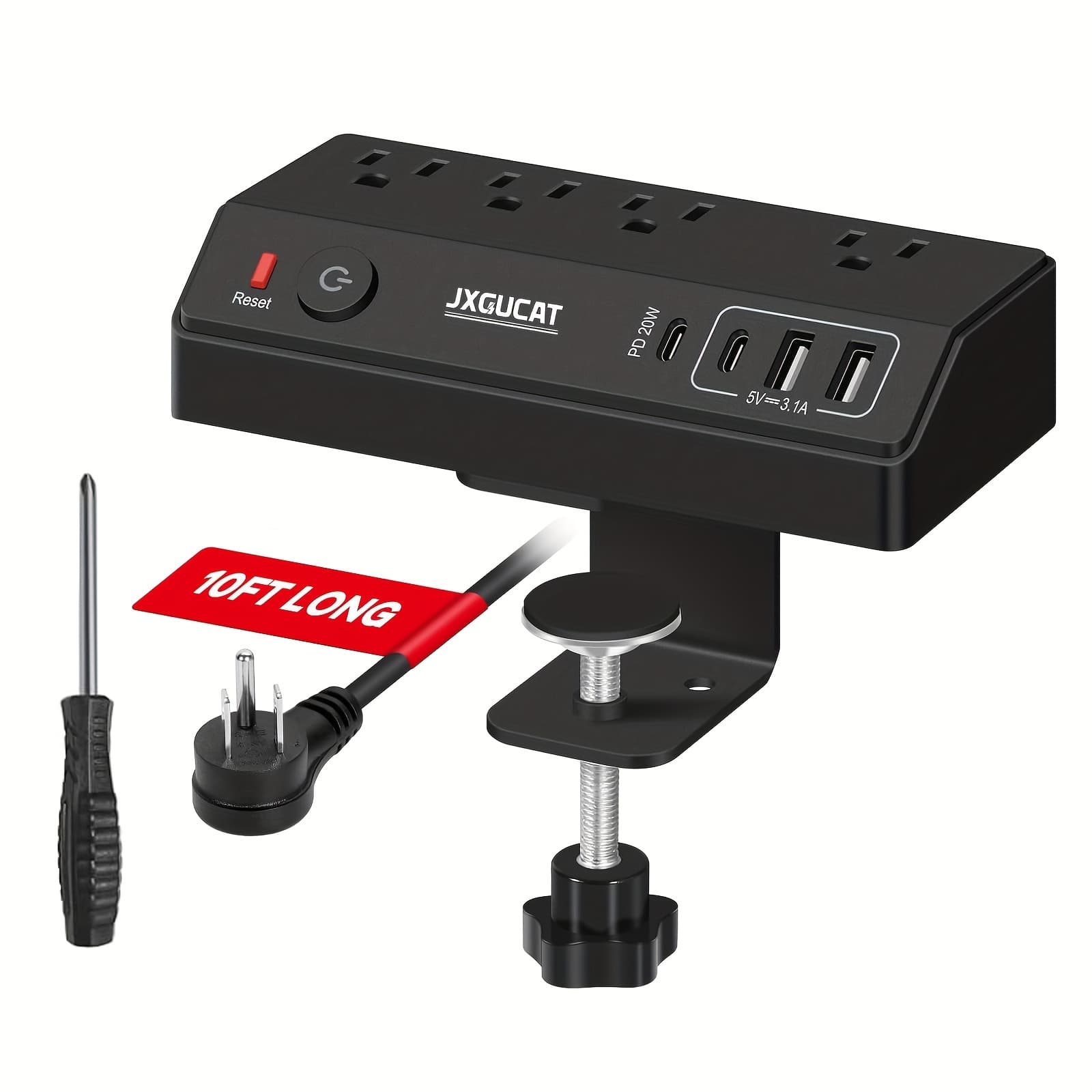 TEMU 1pc Desk Clamp Power Strip With Usb C, Pd 20w Removable Fast Charging Desktop Edge Power Strip Protector, 8.8ft Extension Cord Flat Plug With 4 Outlet 4 Usb Ports, Fit 1. 8" Tabletop Edge