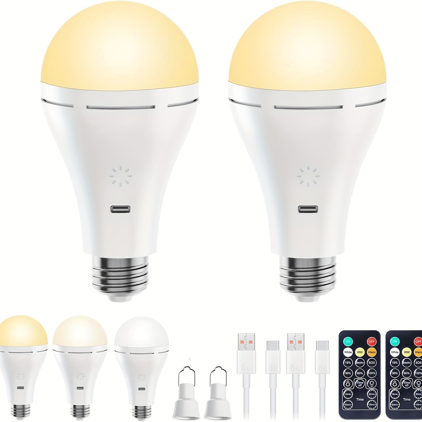 TEMU 2 Pack Usb Rechargeable Light Bulbs With Remote, Dimmable And Timer, 3 Color Temperatureled Dimmable Battery Powered Light Bulbs, E26 9w Touch Control Émergency Lightbulb With Hook, 2000mah