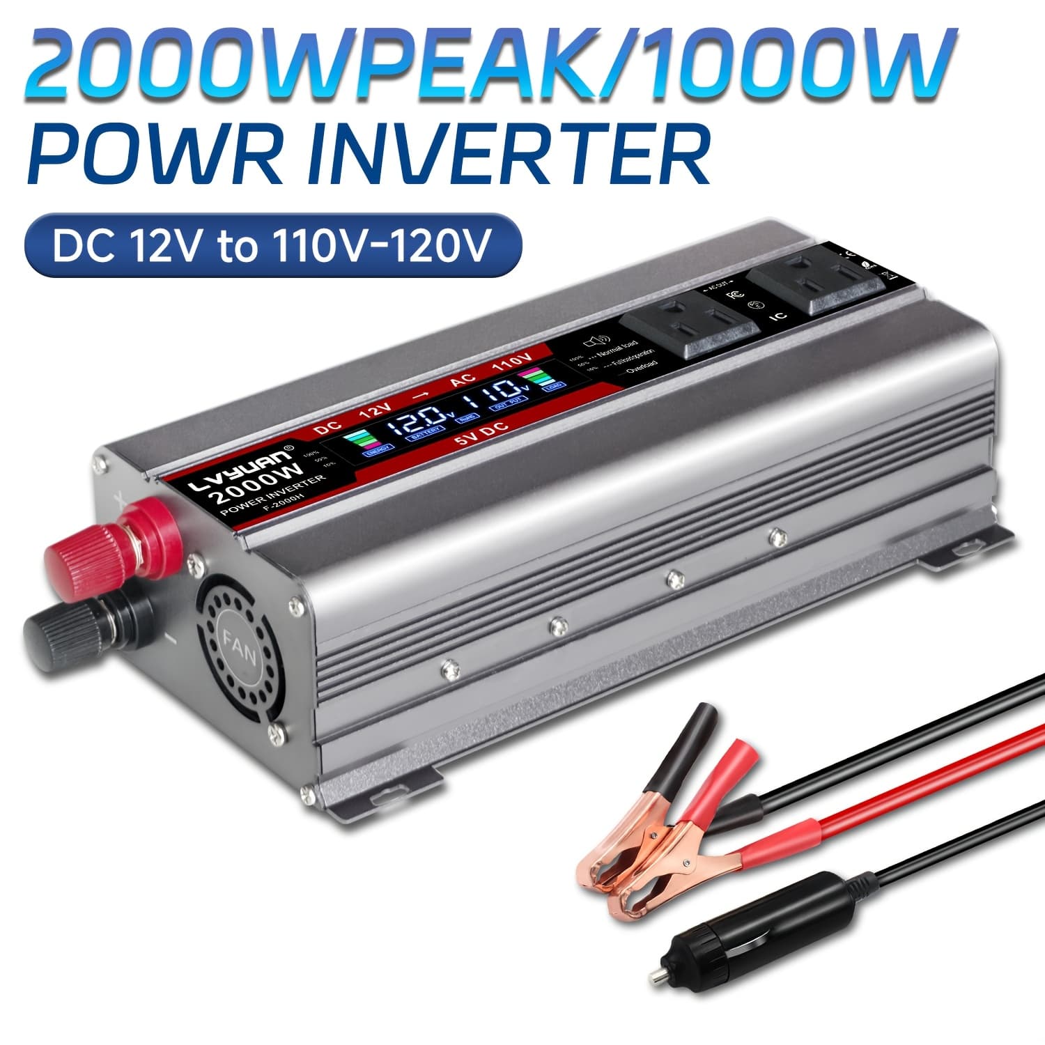 TEMU Lvyuan Car Power Inverter 2000w()1000w 12v To 110v To Ac With Sockets, Lcd Display, Usb Ports For Car, Home, Outdoor, Camping Red