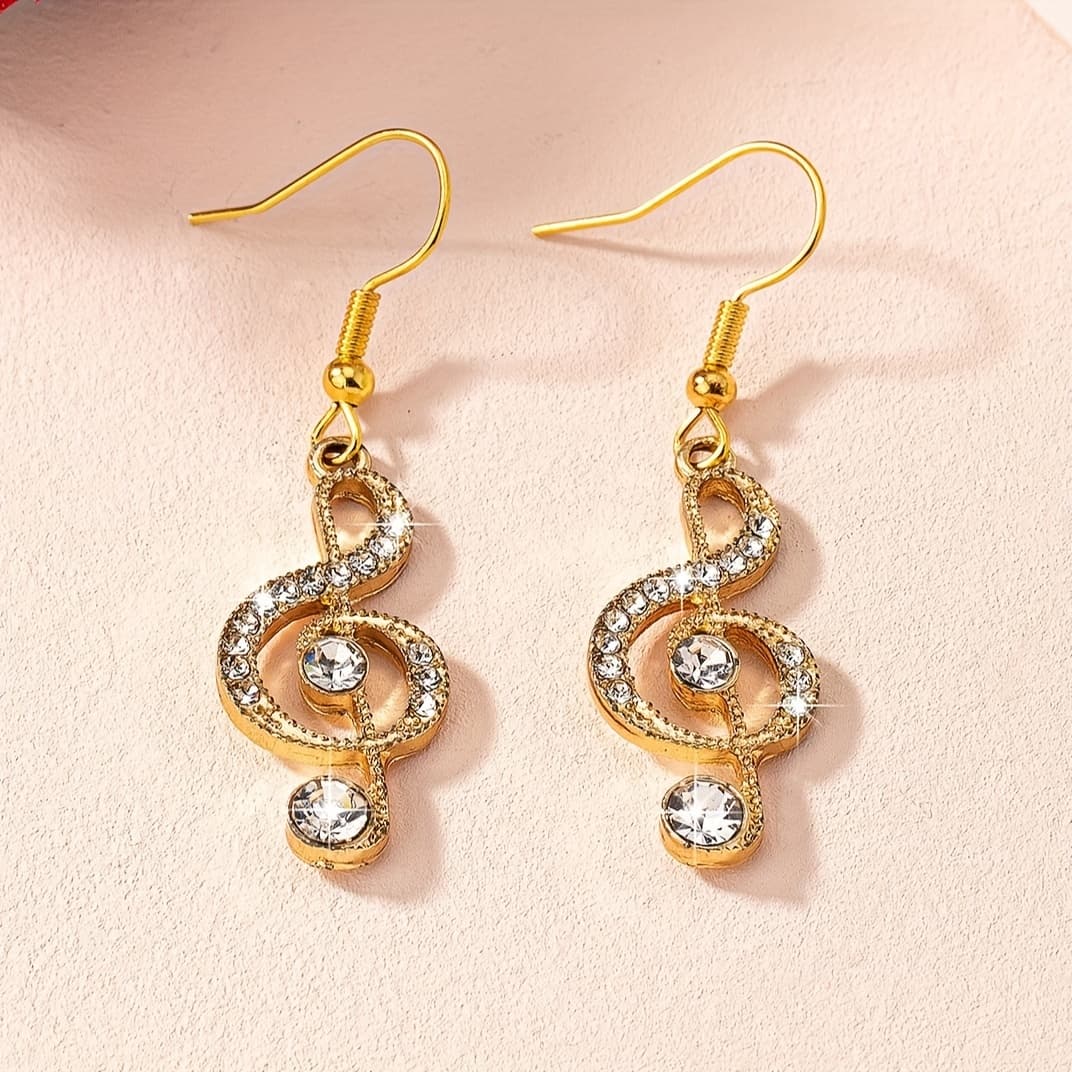TEMU Elegant Music Note Dangle Earrings With Sparkling Rhinestones - Alloy, Glass Inlay, Perfect For Daily Wear & Parties