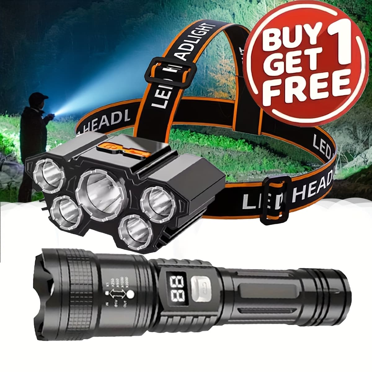 TEMU 2025 [emergency Kit] Rechargeable Handheld Torch And Headlamp, , Settings, Compact, Ideal For Camping, Hiking, Emergency Supplies, Outdoor Gear