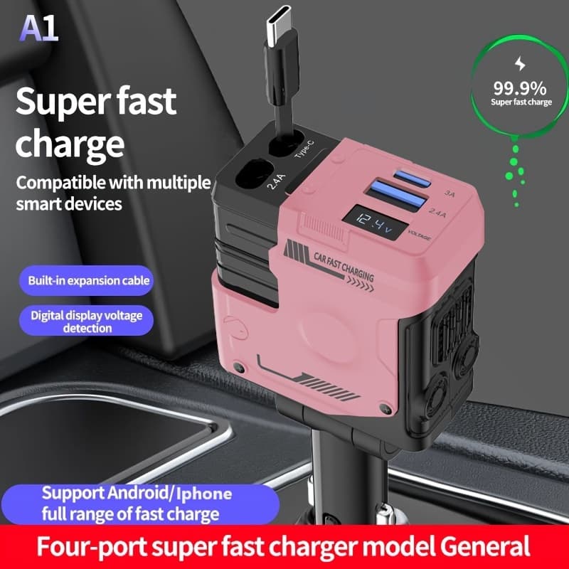 TEMU Mech Style 120w Super Fast Multi-device Car Charger - Type C/ios Retractable Cable For Iphone And , Anti-wrap, Super Fast Charging, For Iphone 15/14/13/12/11, Galaxy, Pixel (with Magnetic Stand)