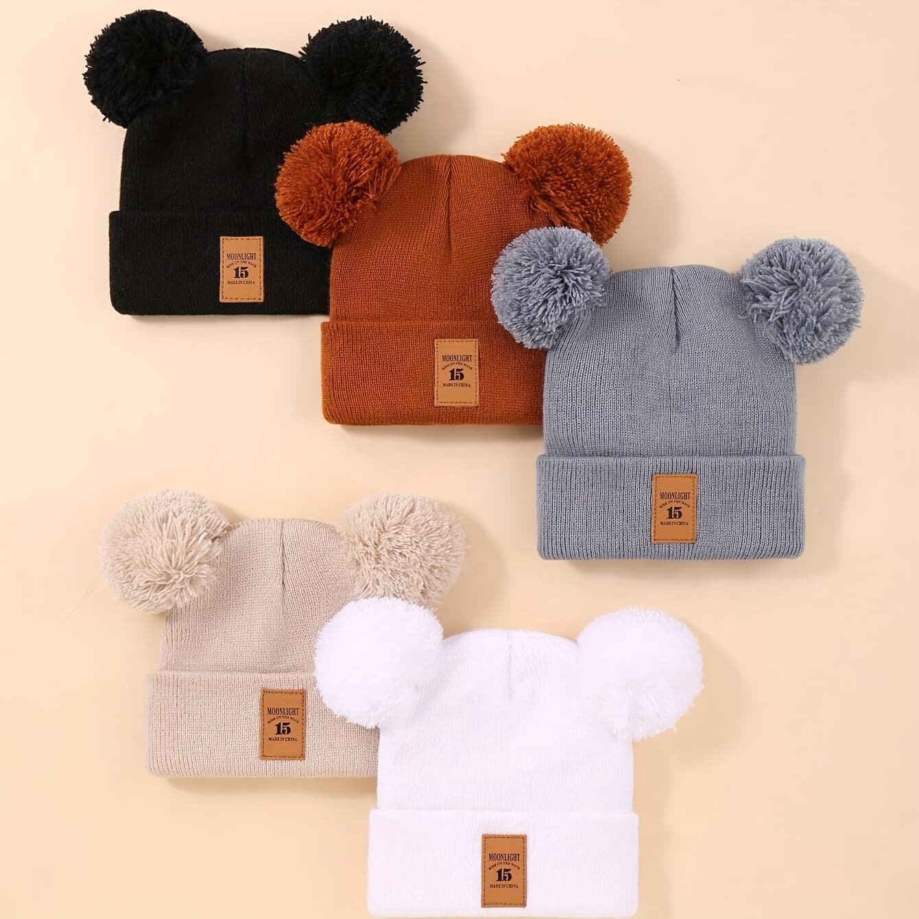TEMU A Set Of 5 Knitted Baby Hats With Double Pom-poms, Perfect For Keeping Warm In Winter