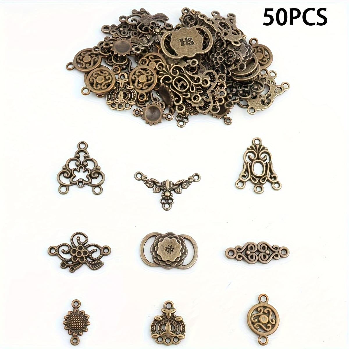 TEMU 50pcs Retro Style Alloy Multi-hole Connectors For Jewelry Making – Assorted Flower Patterns – Craft Supplies
