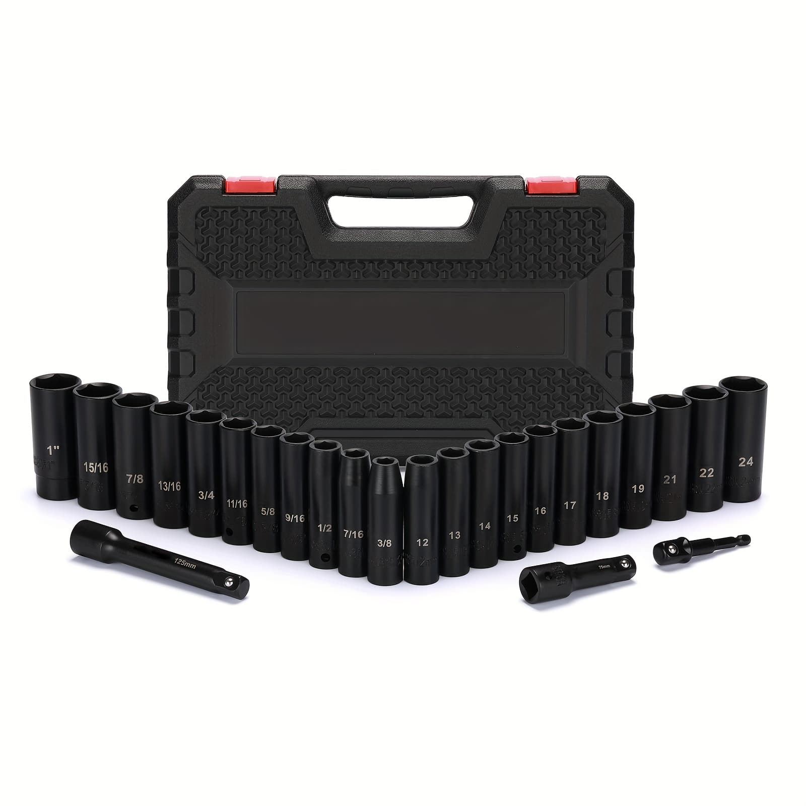 TEMU 25pcs Drive Deep Impact Socket Set, Deep, Steel, 6 Point, Metric&sae, 12mm To 24mm, 3/8 Inch To 1 Inch, Includes Extension Bars: 3-inch, 5-inch, To 1/4" Adapter, Connect Tool To Use