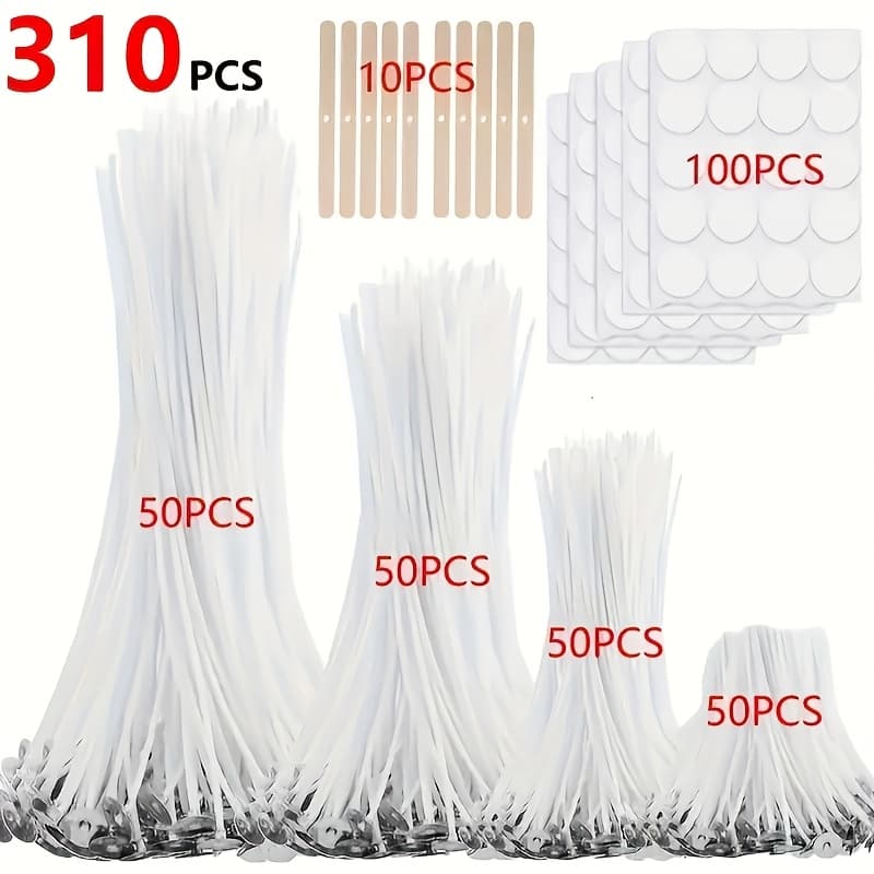 TEMU 310pcs Pillar Candle Wick Set - 1/3/6/8 Inch With 10 Holders & 100 Labels - Smoke-free Burning, Diy Candle Making Supplies