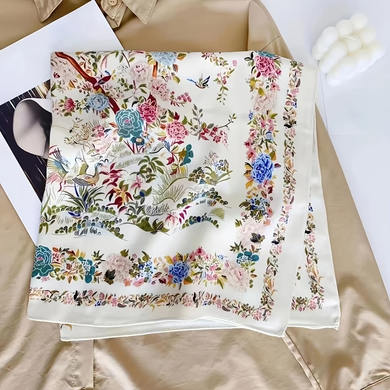 TEMU Plant Shrub Print Scarf Bird Pattern Women' Scarf 26.77 Inches Daily Accessory