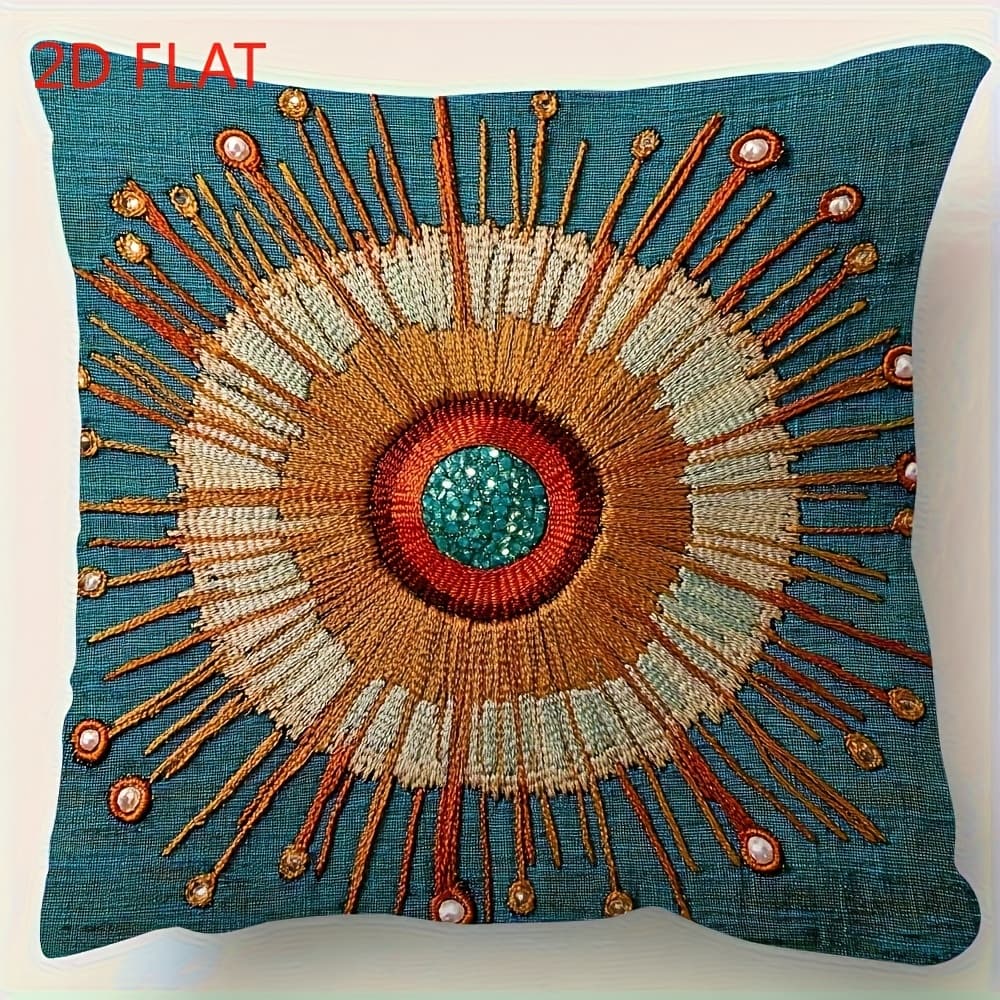 TEMU 1pc 18x18 Inch Atomic Starburst Pillow Cover - Vibrant Turquoise & Golden Design, 100% Polyester With Envelope Closure, Machine Washable Contemporary Decor For Sofa, Living Room, Bedroom, Office