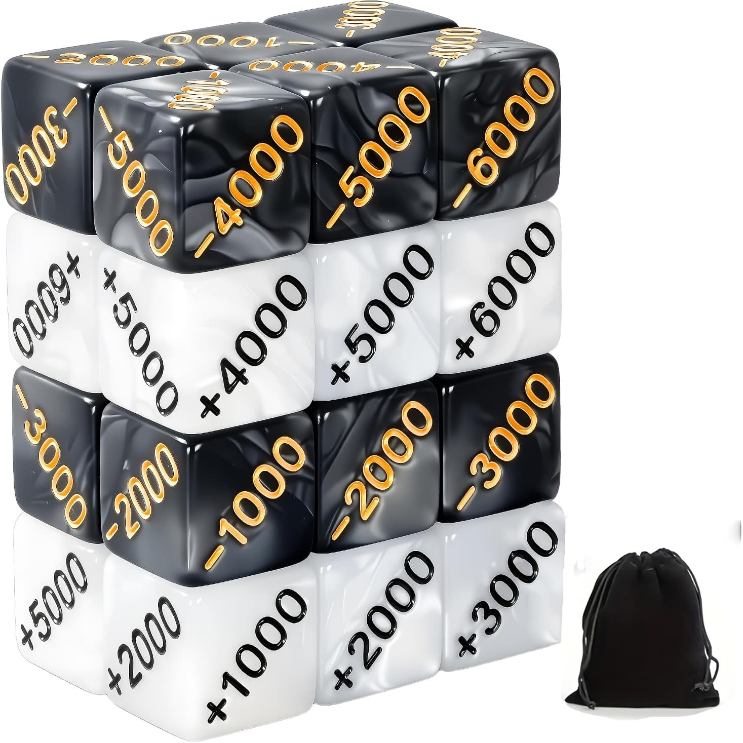 TEMU 24pcs Power Counter Dice Set, 12 Positive ( +1000 To +6000) & 12 Negative ( -1000 To - 6000) Premium Marble Texture Dice, Compatible With 1pc Tcg And ( 24, Black, White)
