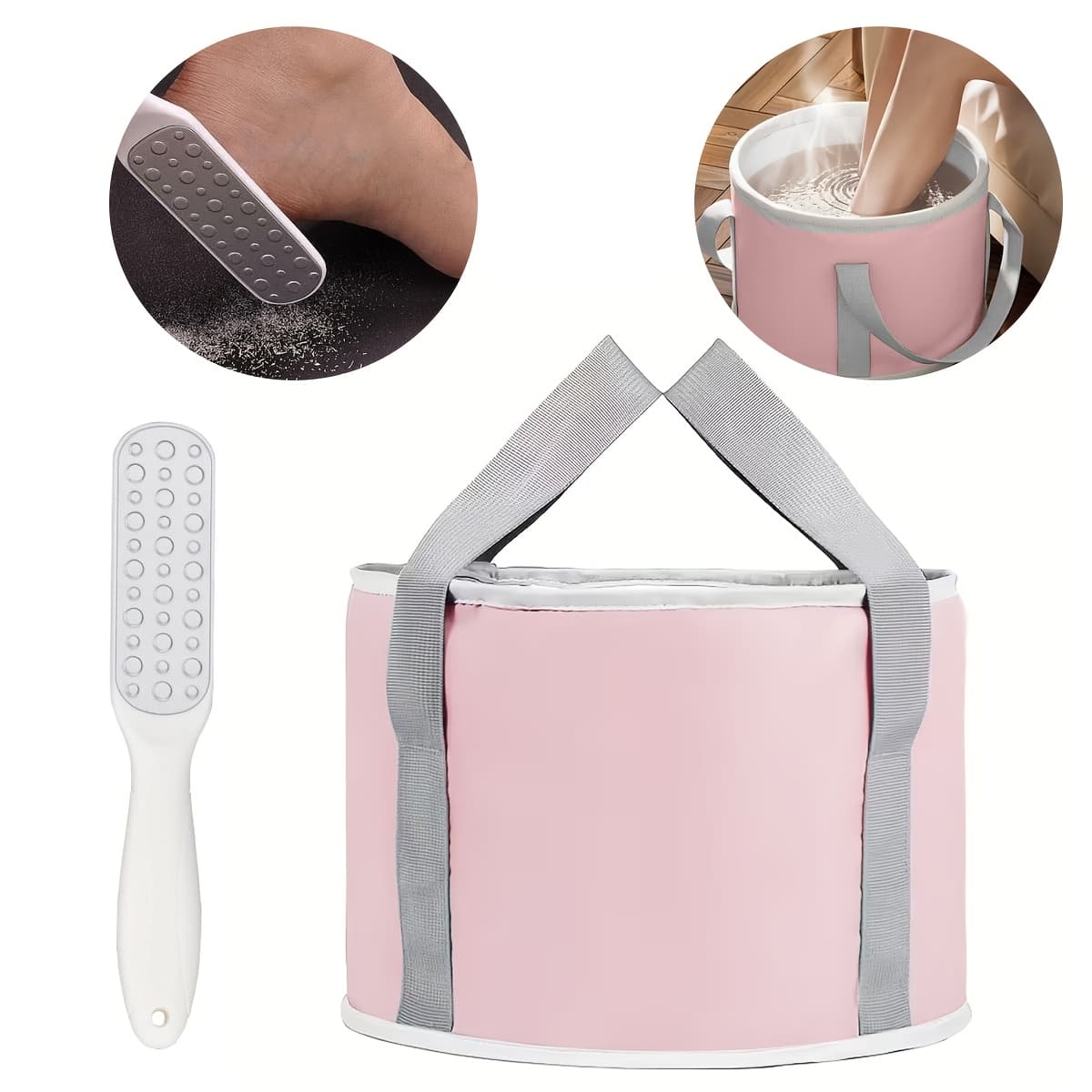 TEMU 1 Small Portable Foldable Foot Bath Bucket +1 Foot Dead Light Beige Scrubber, Foot Care Tool Set, Foot Dead Light Beige Removal And Moisturizing Tool, Travel Foot Bath Tool