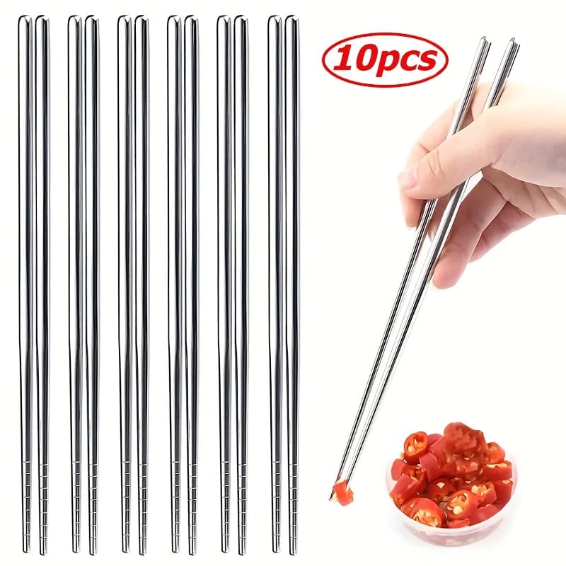 TEMU 10pcs High Quality Stainless Steel Chopsticks: Durable, Non-slip, Striped - Suitable For Sushi, Home & Restaurant, Christmas Gifts